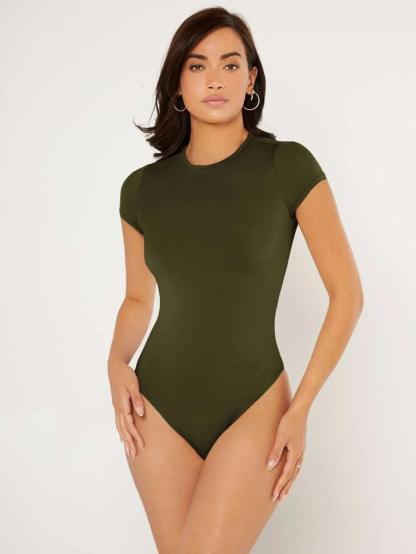 Solid Slim Cut Round Neck Bodysuit-Comfy Jumpsuits