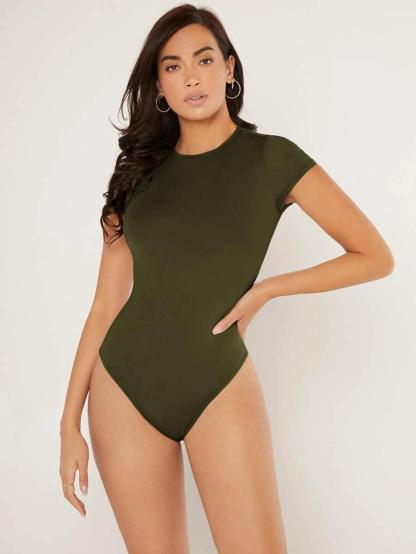 Solid Slim Cut Round Neck Bodysuit-Comfy Jumpsuits