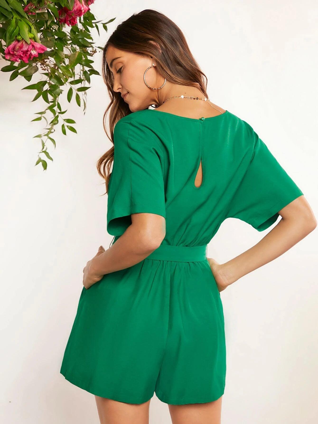 Hidden Pocket Belted Romper With Bow-Comfy Jumpsuits