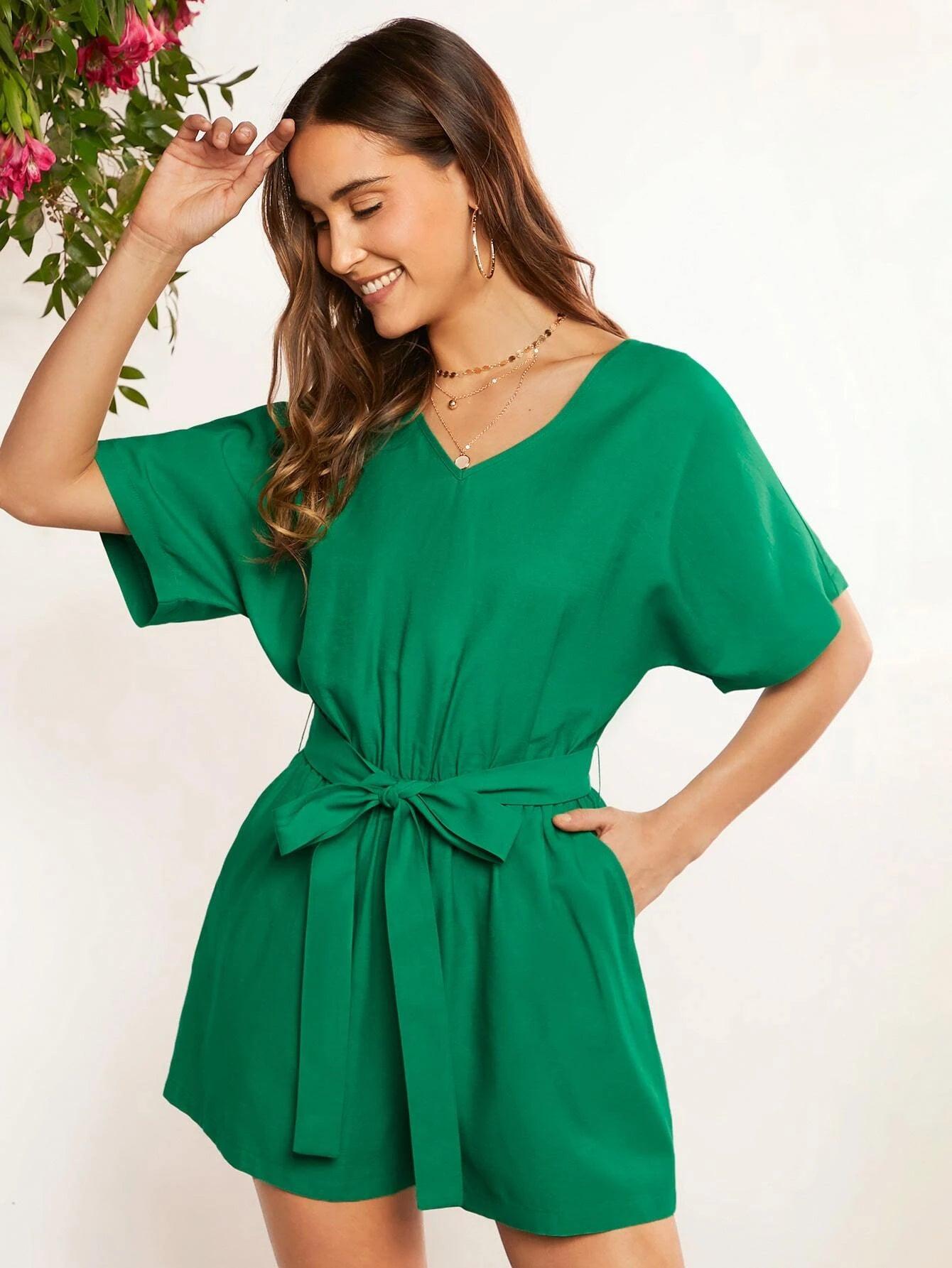 Hidden Pocket Belted Romper With Bow-Comfy Jumpsuits