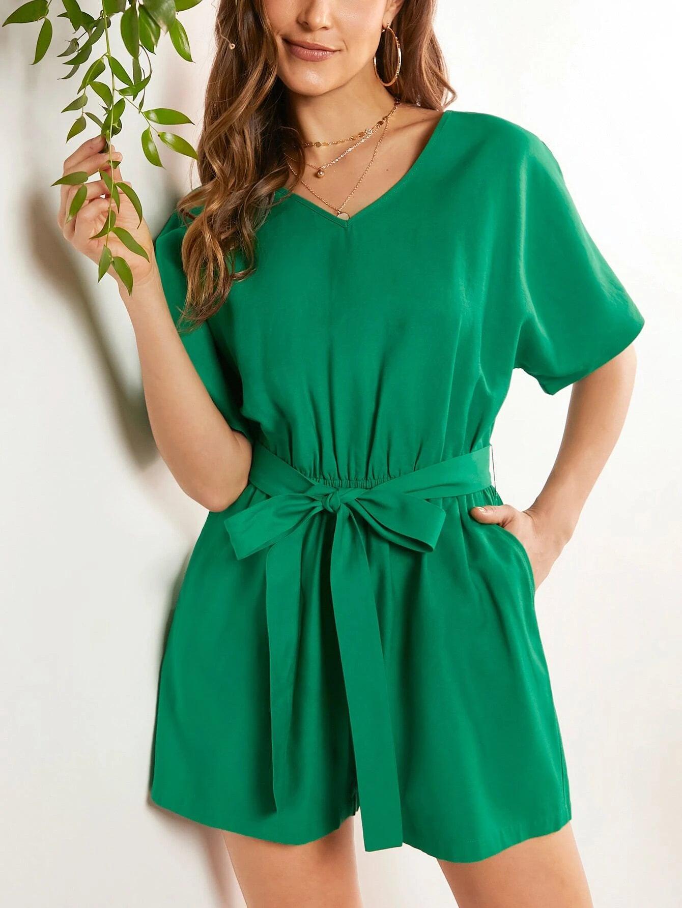 Hidden Pocket Belted Romper With Bow-Comfy Jumpsuits