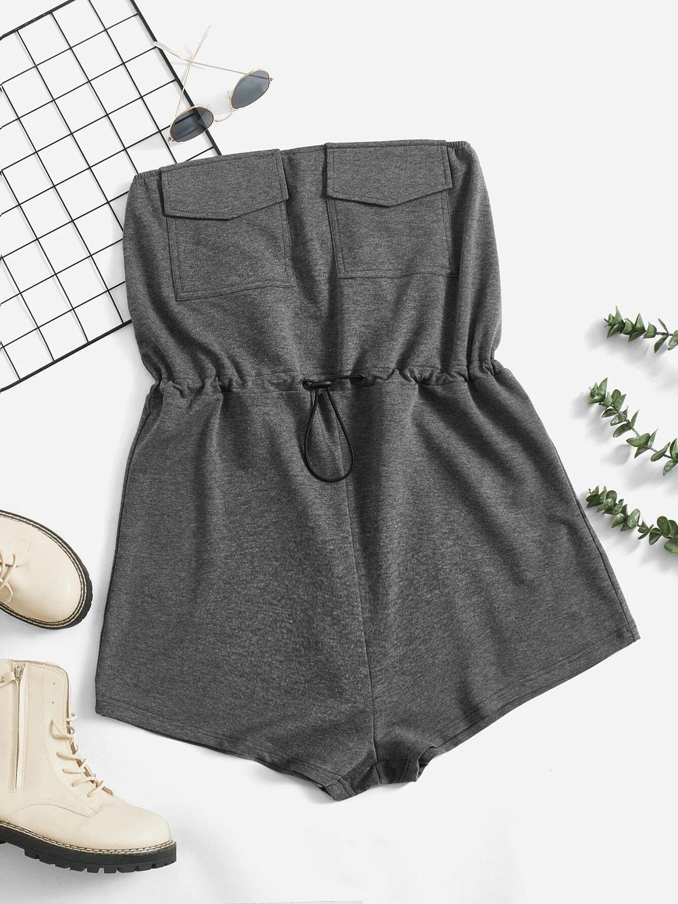 Flap Pocket Drawstring Waist Tube Romper-Comfy Jumpsuits