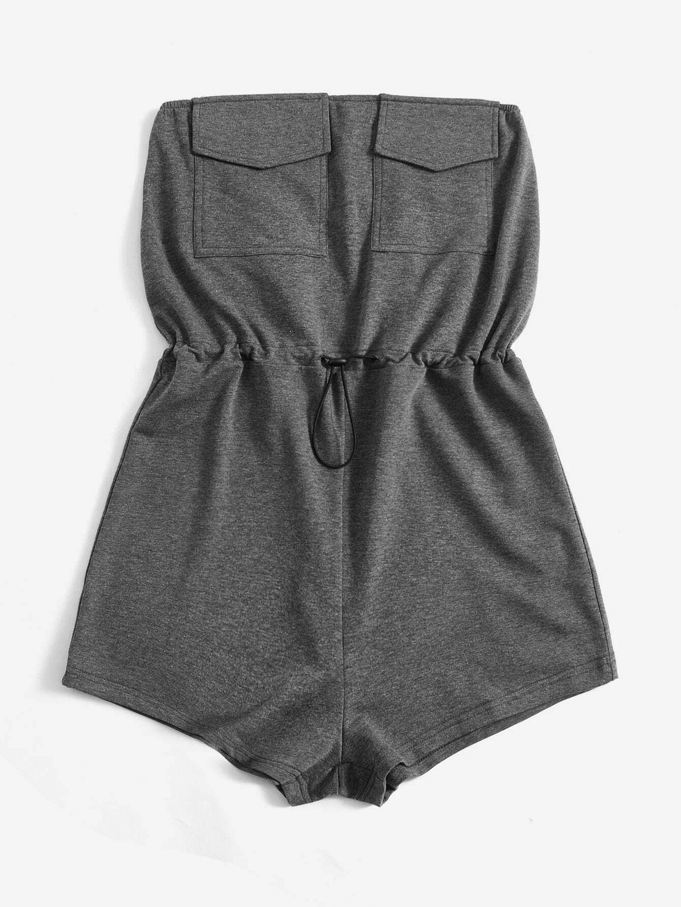 Flap Pocket Drawstring Waist Tube Romper-Comfy Jumpsuits