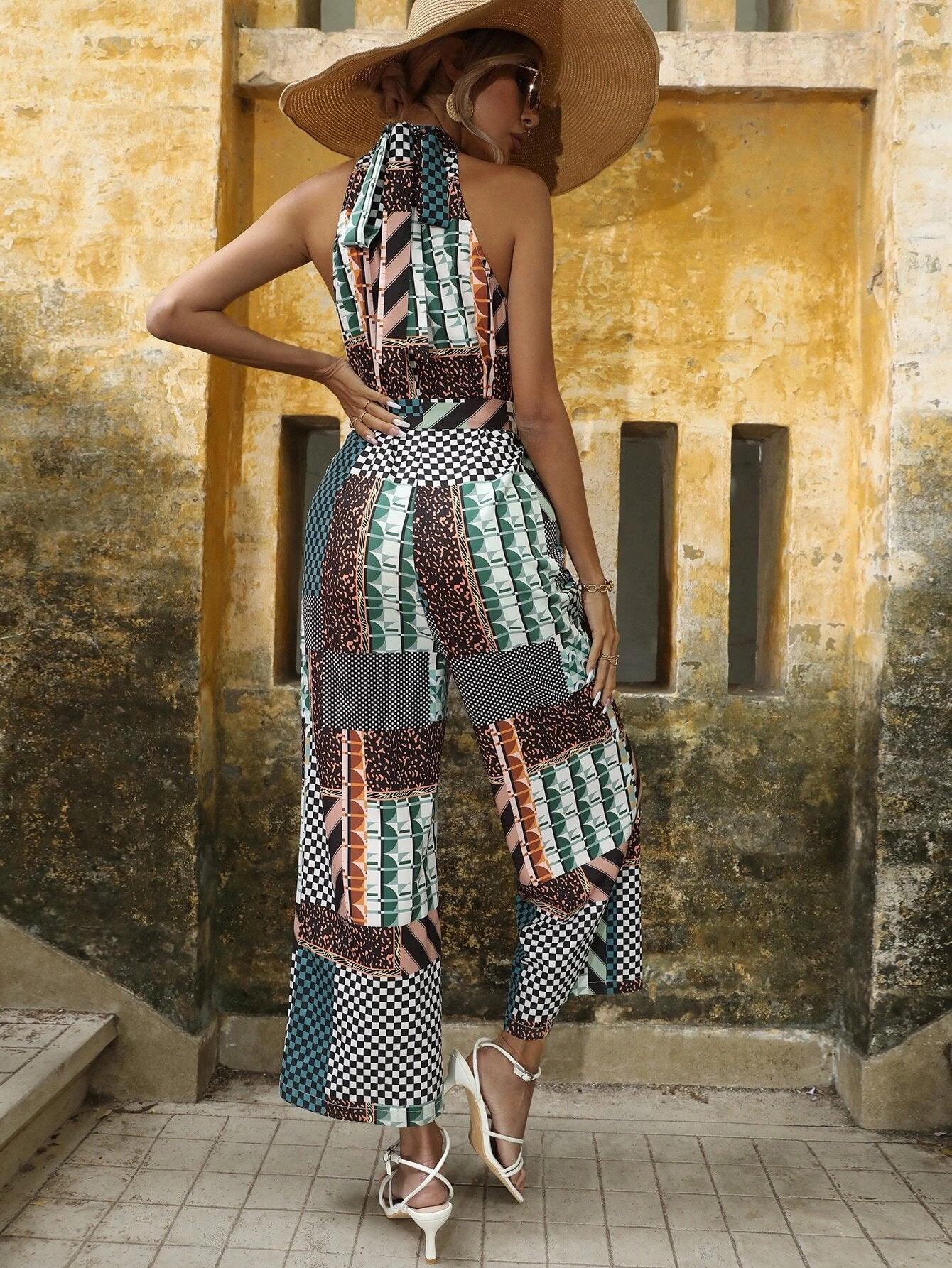 Patchwork Belted Halter Jumpsuit-Comfy Jumpsuits
