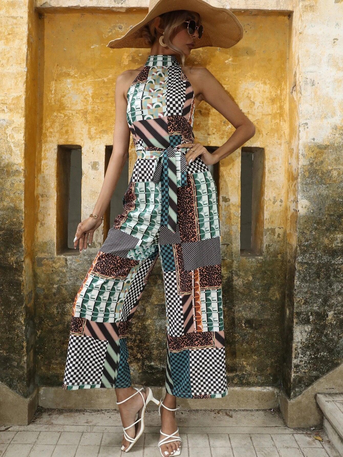 Patchwork Belted Halter Jumpsuit-Comfy Jumpsuits