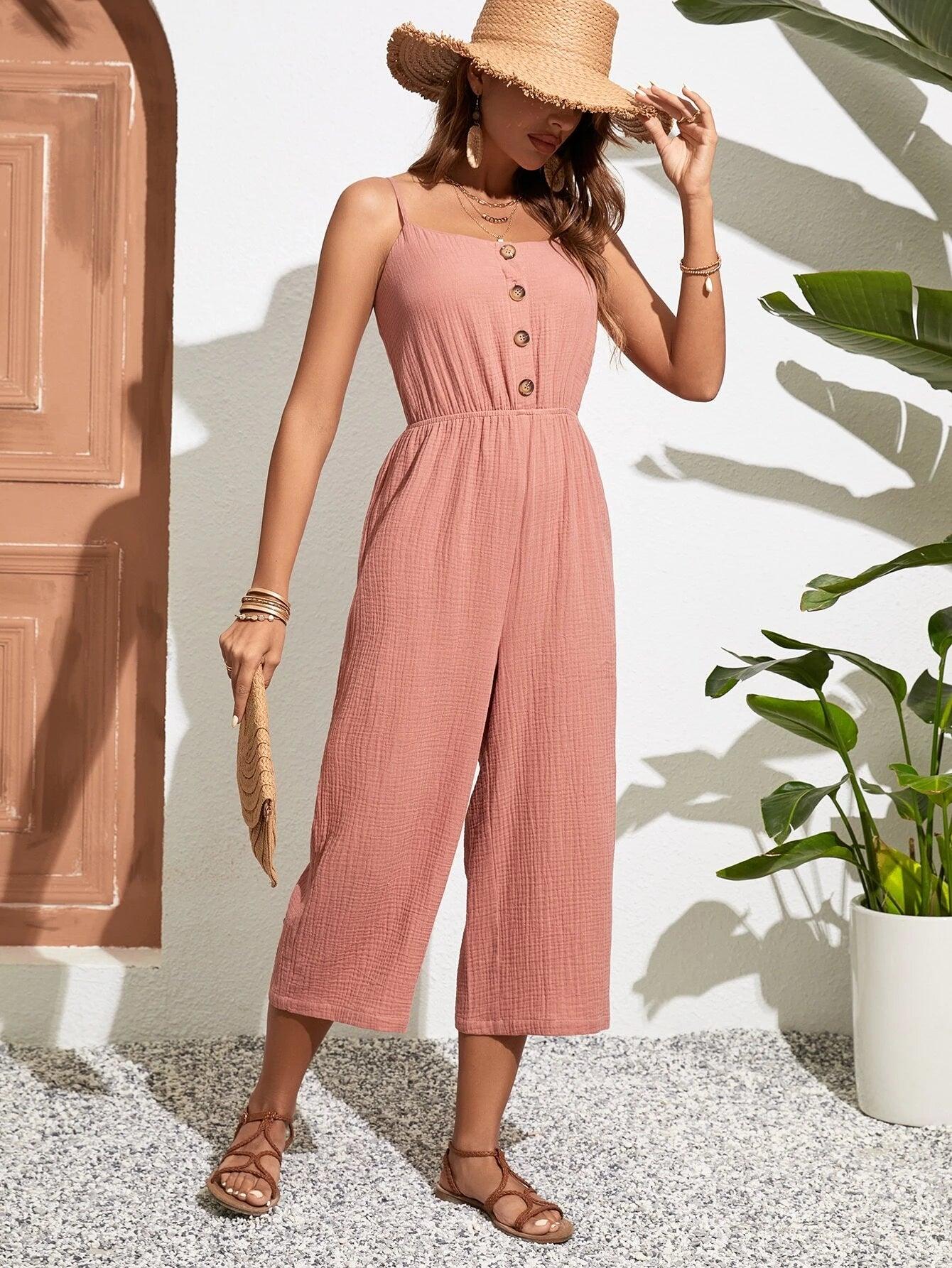Button Front Sleeveless Cami Jumpsuit-Comfy Jumpsuits