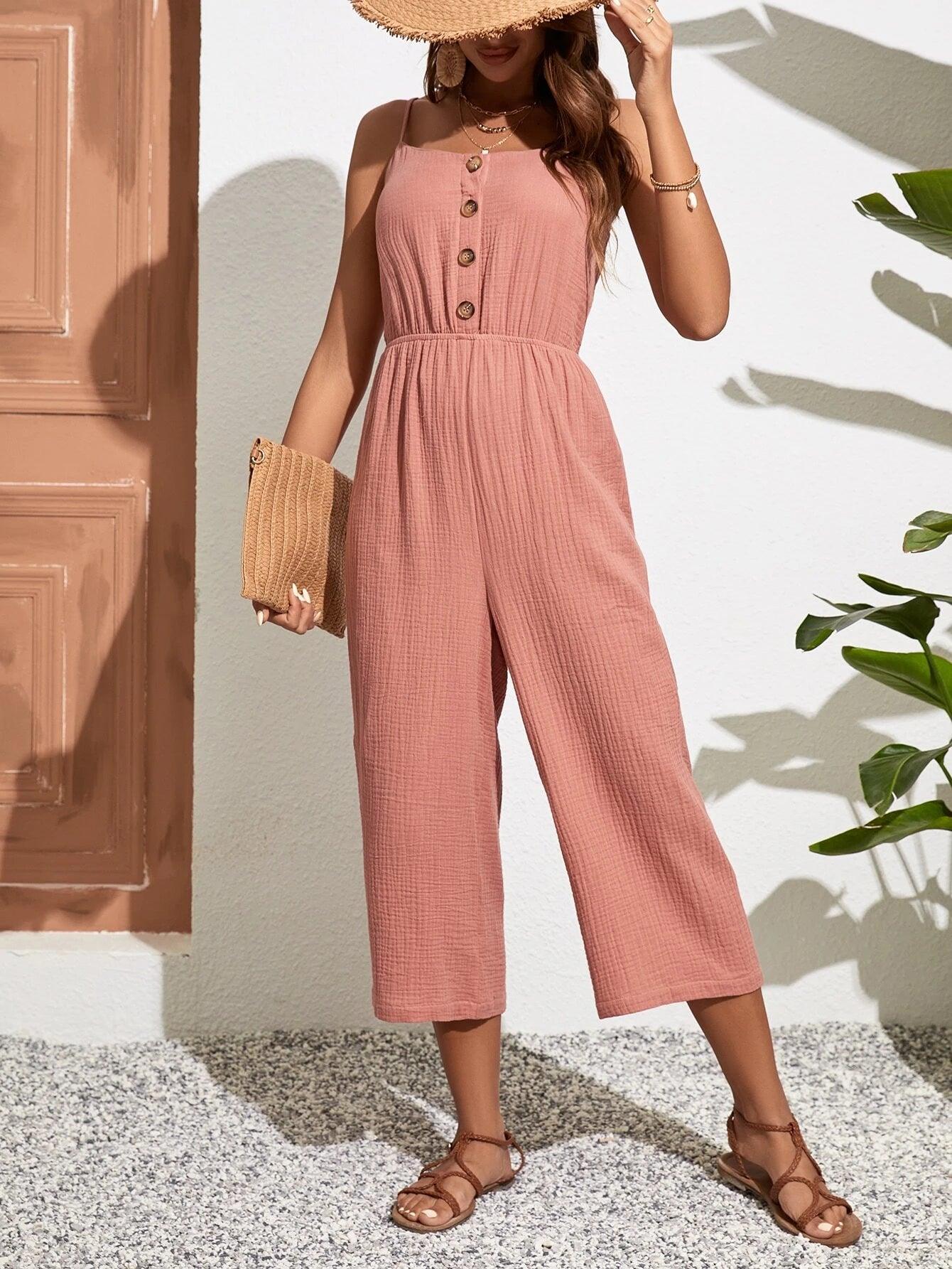 Button Front Sleeveless Cami Jumpsuit-Comfy Jumpsuits