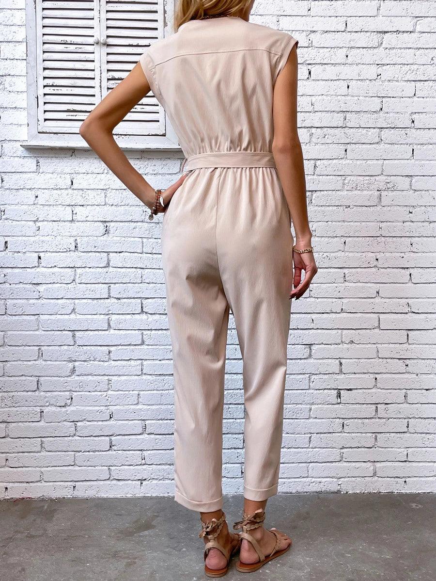 Casual Button Front Belted Jumpsuit-Comfy Jumpsuits