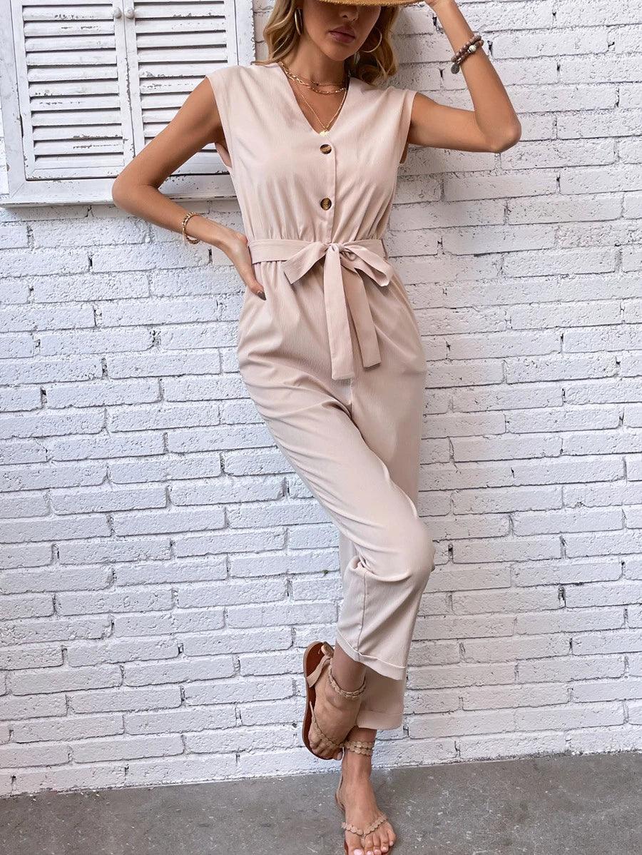 Casual Button Front Belted Jumpsuit-Comfy Jumpsuits