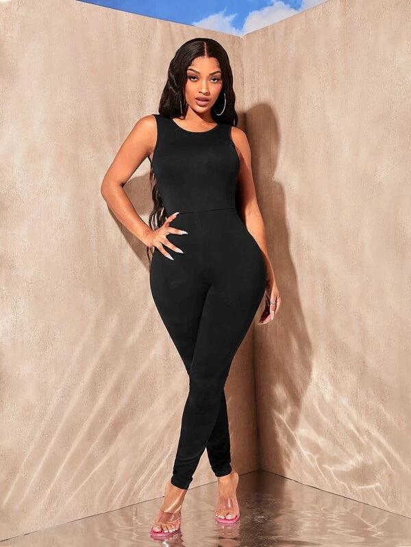 Solid Backless Round Neck Unitard Jumpsuit-Comfy Jumpsuits