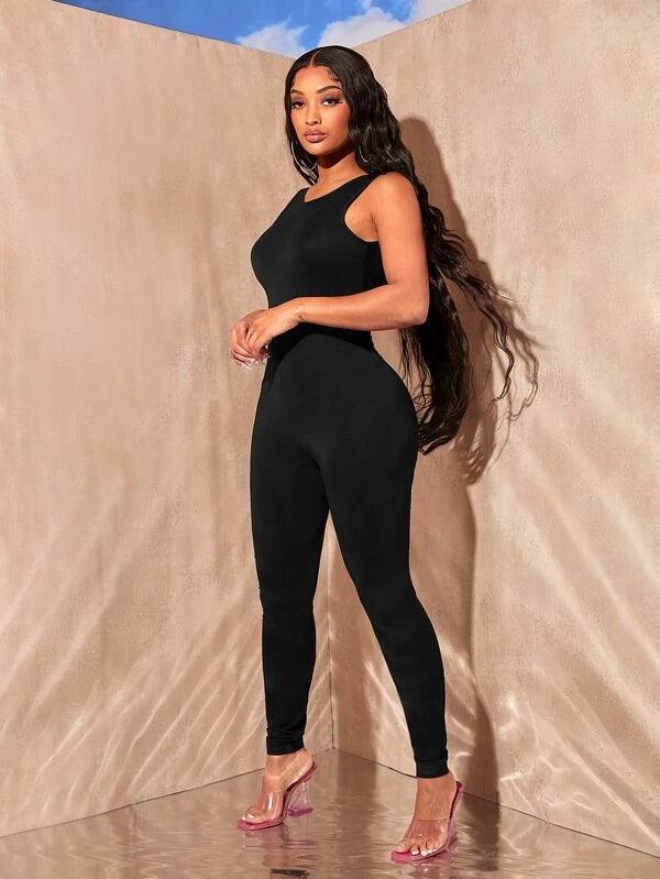 Solid Backless Round Neck Unitard Jumpsuit-Comfy Jumpsuits