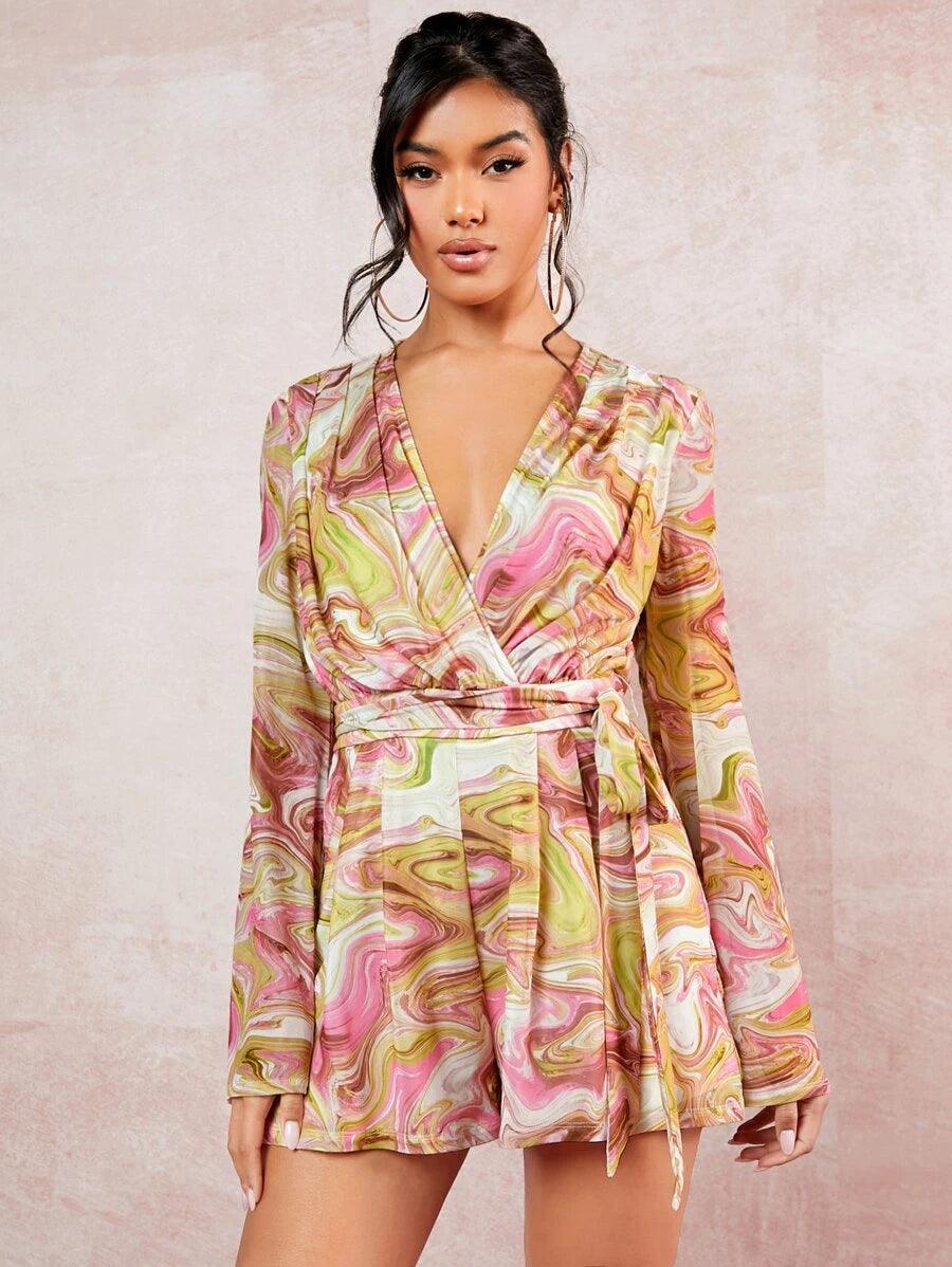 Deep V Neck Marble Print Belted Mesh Romper-Comfy Jumpsuits