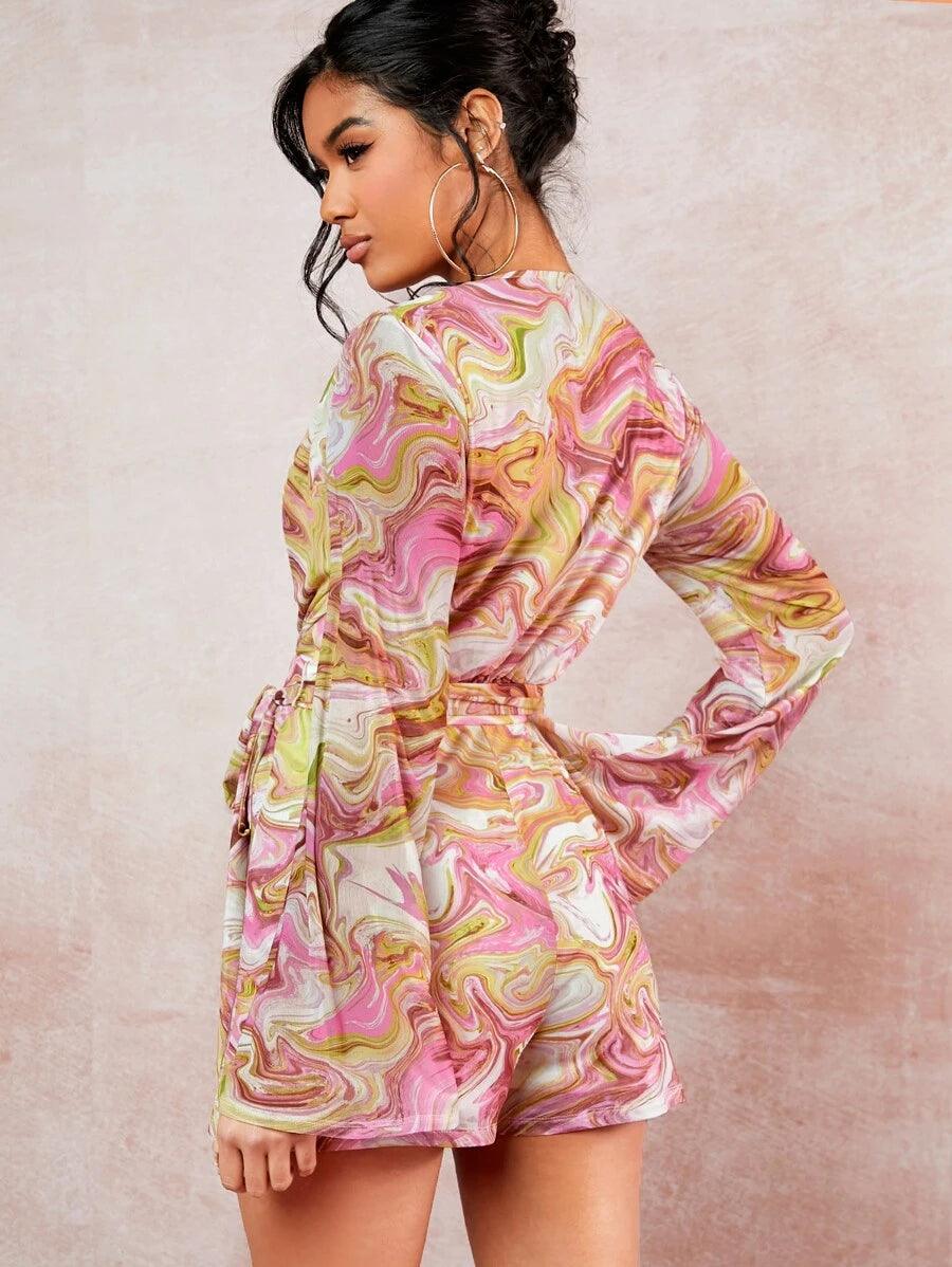 Deep V Neck Marble Print Belted Mesh Romper-Comfy Jumpsuits