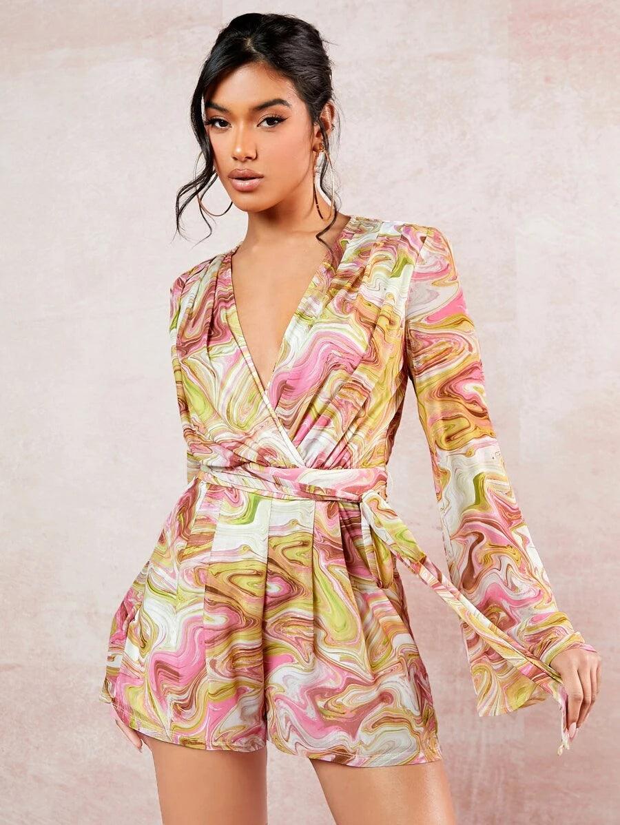 Deep V Neck Marble Print Belted Mesh Romper-Comfy Jumpsuits