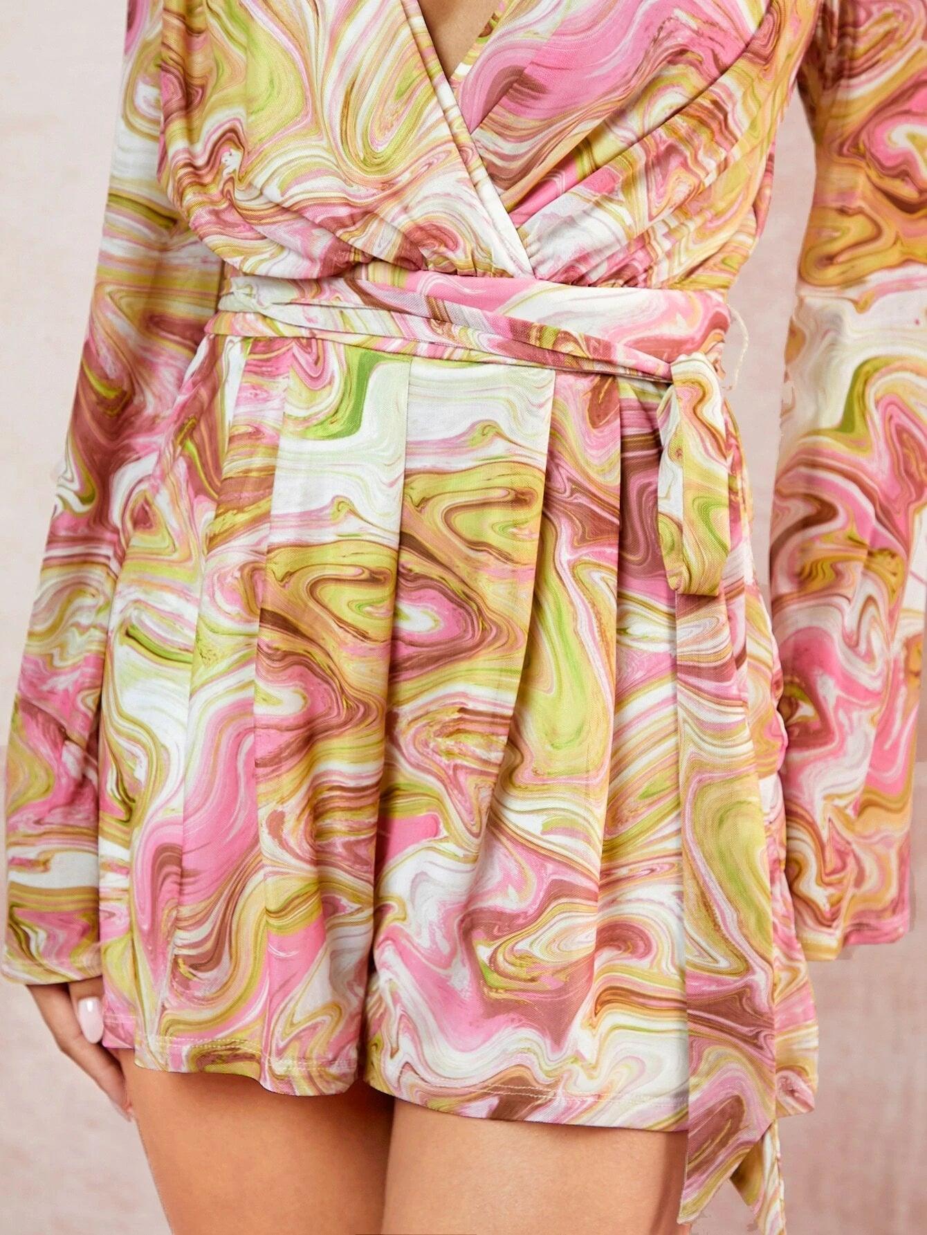 Deep V Neck Marble Print Belted Mesh Romper-Comfy Jumpsuits