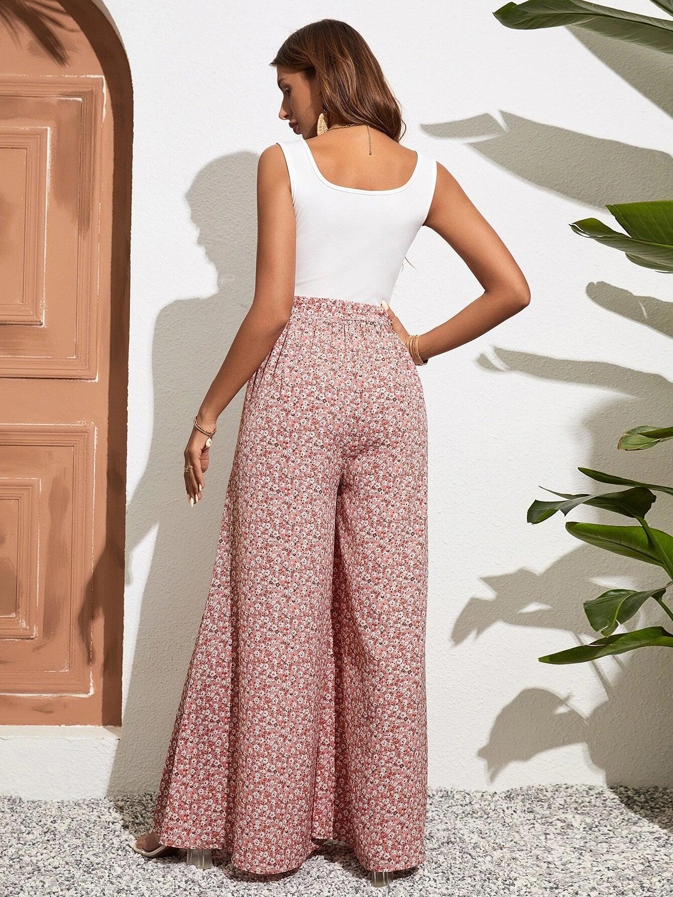 Ditsy Floral Print Belted Jumpsuit-Comfy Jumpsuits