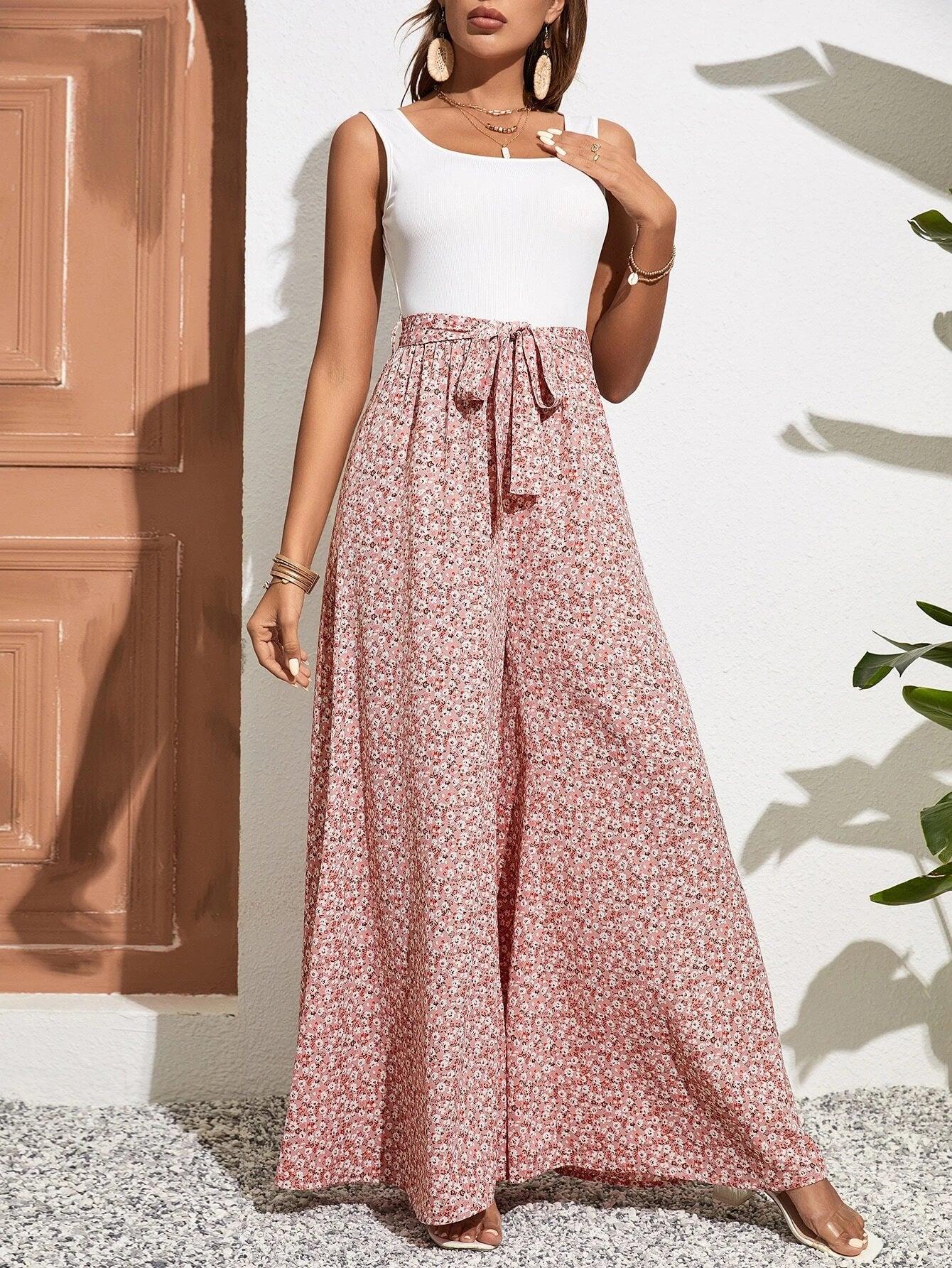 Ditsy Floral Print Belted Jumpsuit-Comfy Jumpsuits