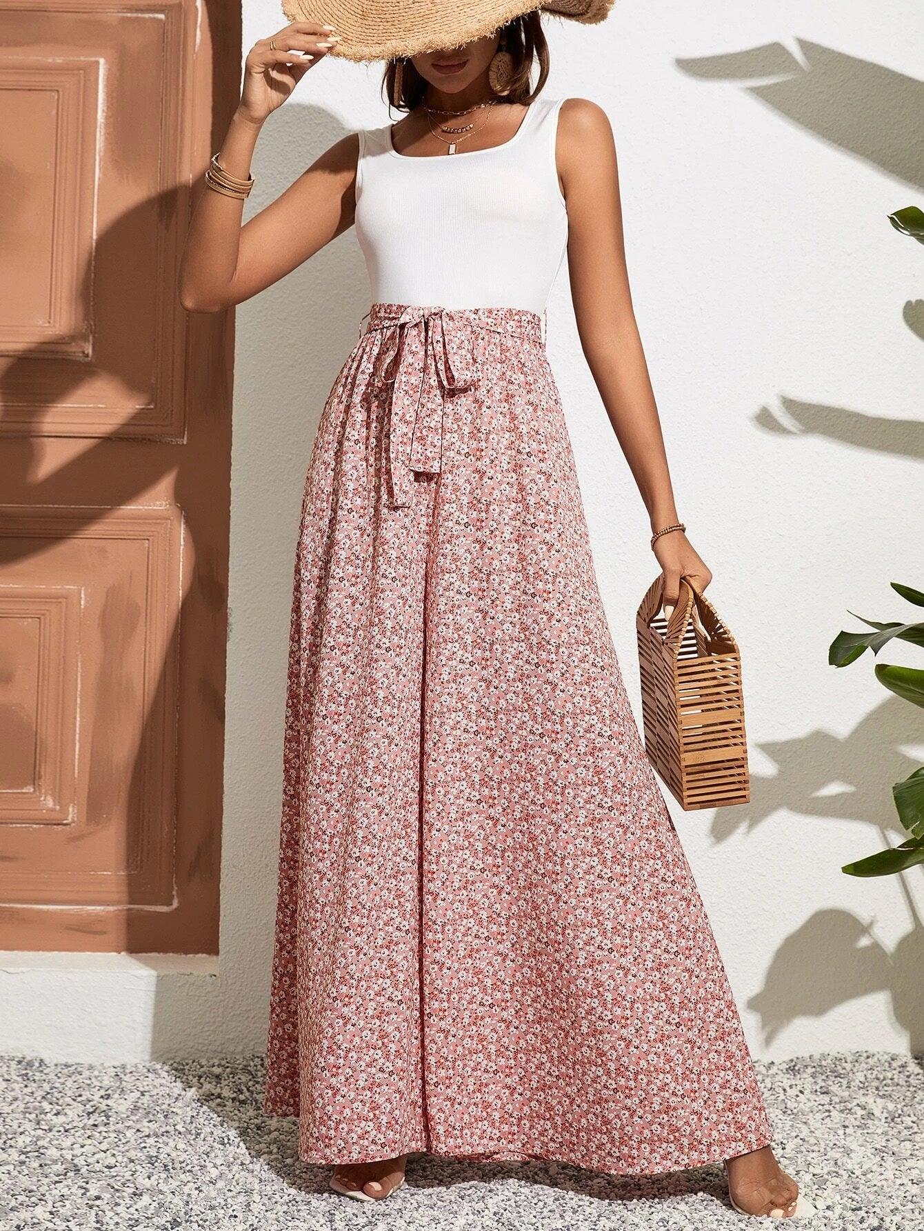 Ditsy Floral Print Belted Jumpsuit-Comfy Jumpsuits