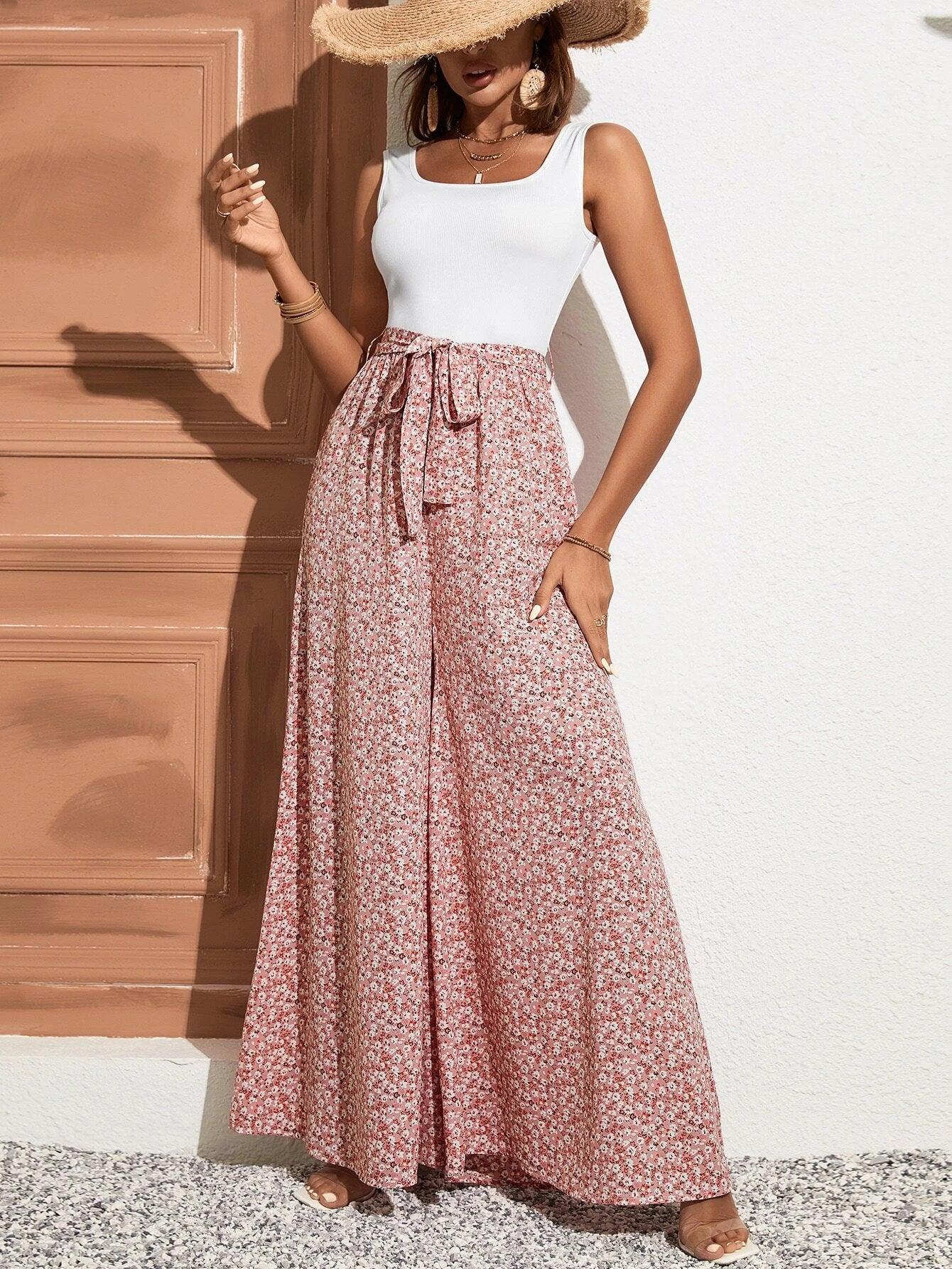 Ditsy Floral Print Belted Jumpsuit-Comfy Jumpsuits