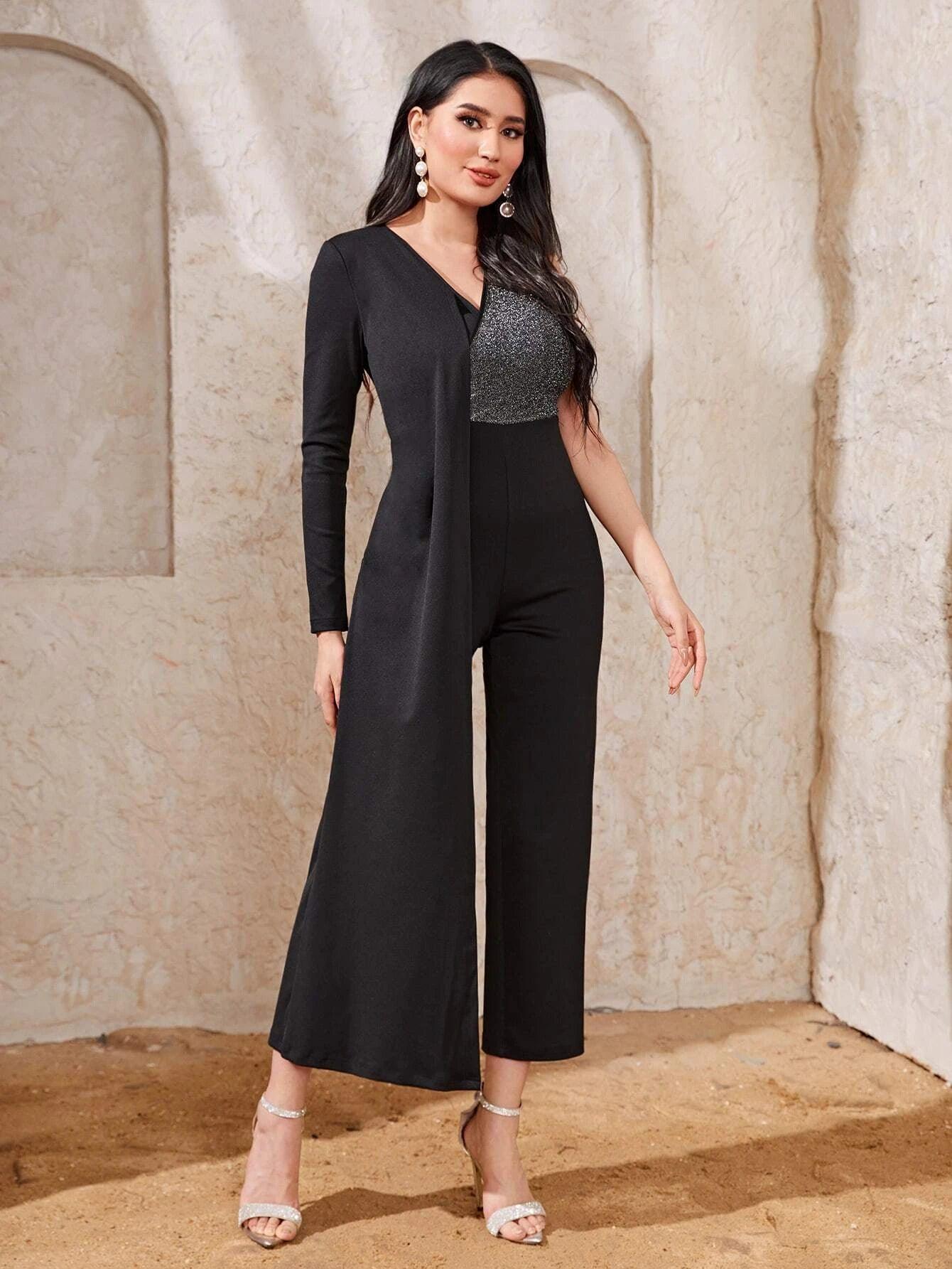 Two Tone Draped V Neck Jumpsuit-Comfy Jumpsuits