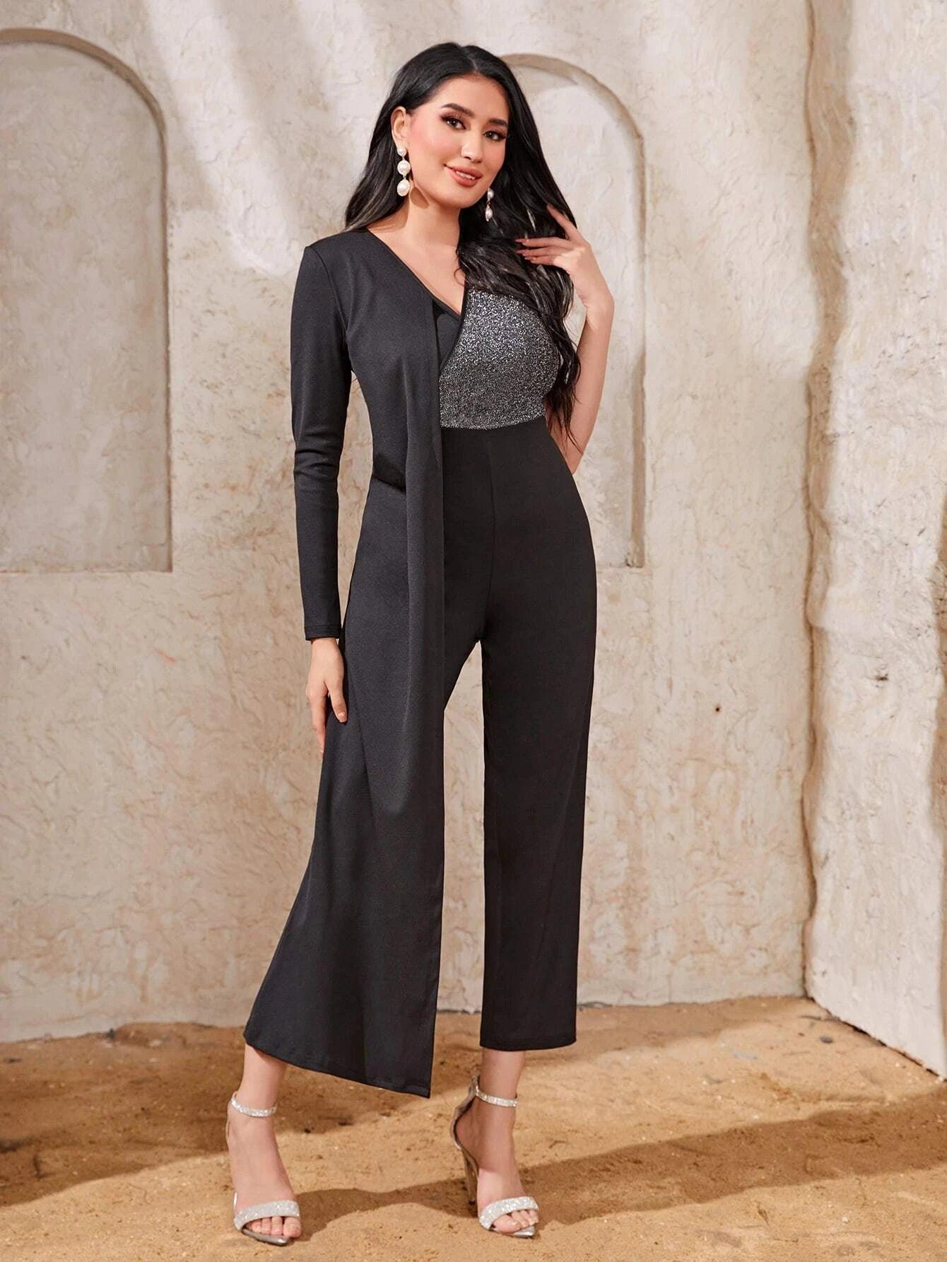 Two Tone Draped V Neck Jumpsuit-Comfy Jumpsuits