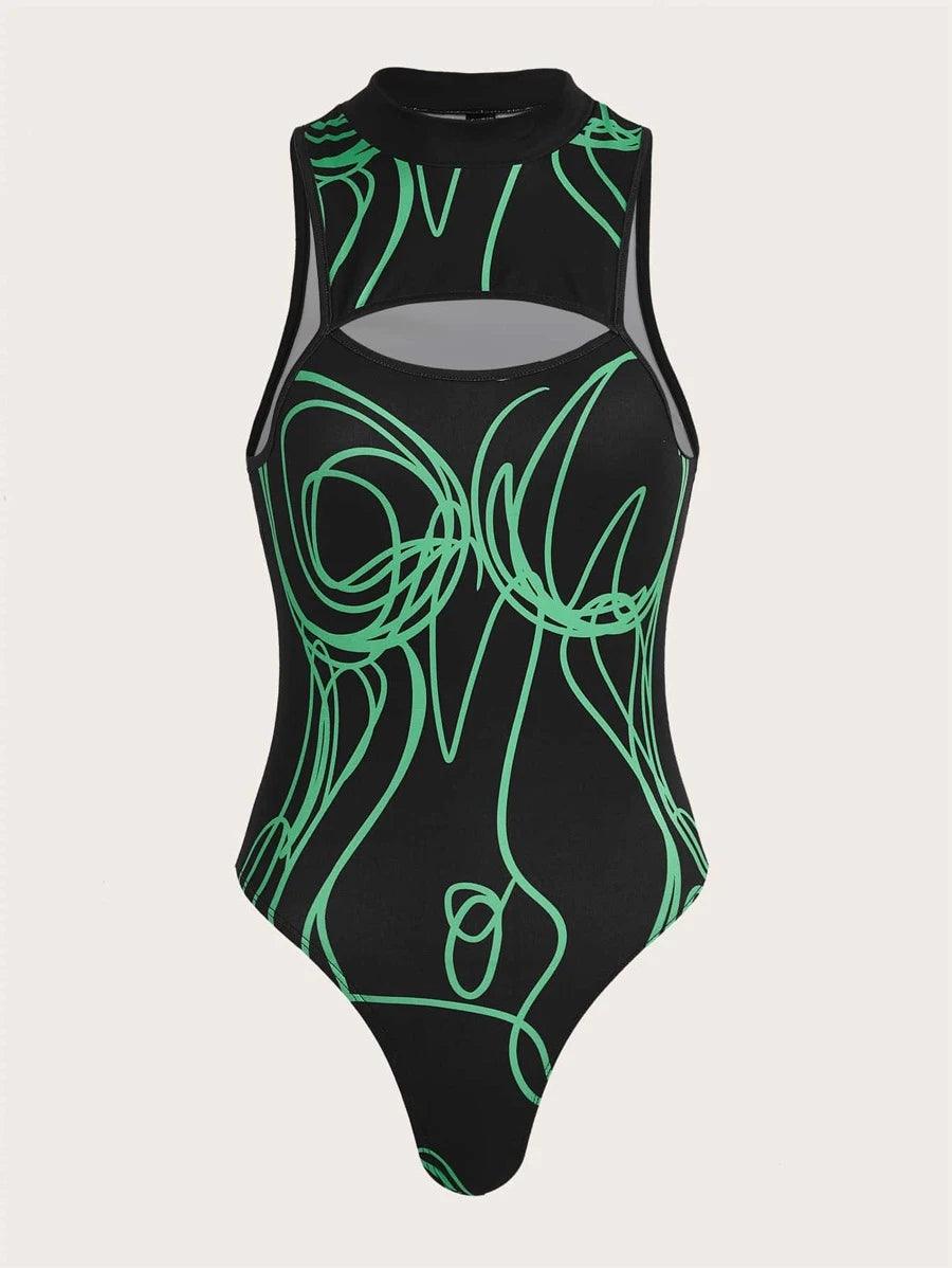 Graphic Print Cut Out Mock Neck Bodysuit-Comfy Jumpsuits