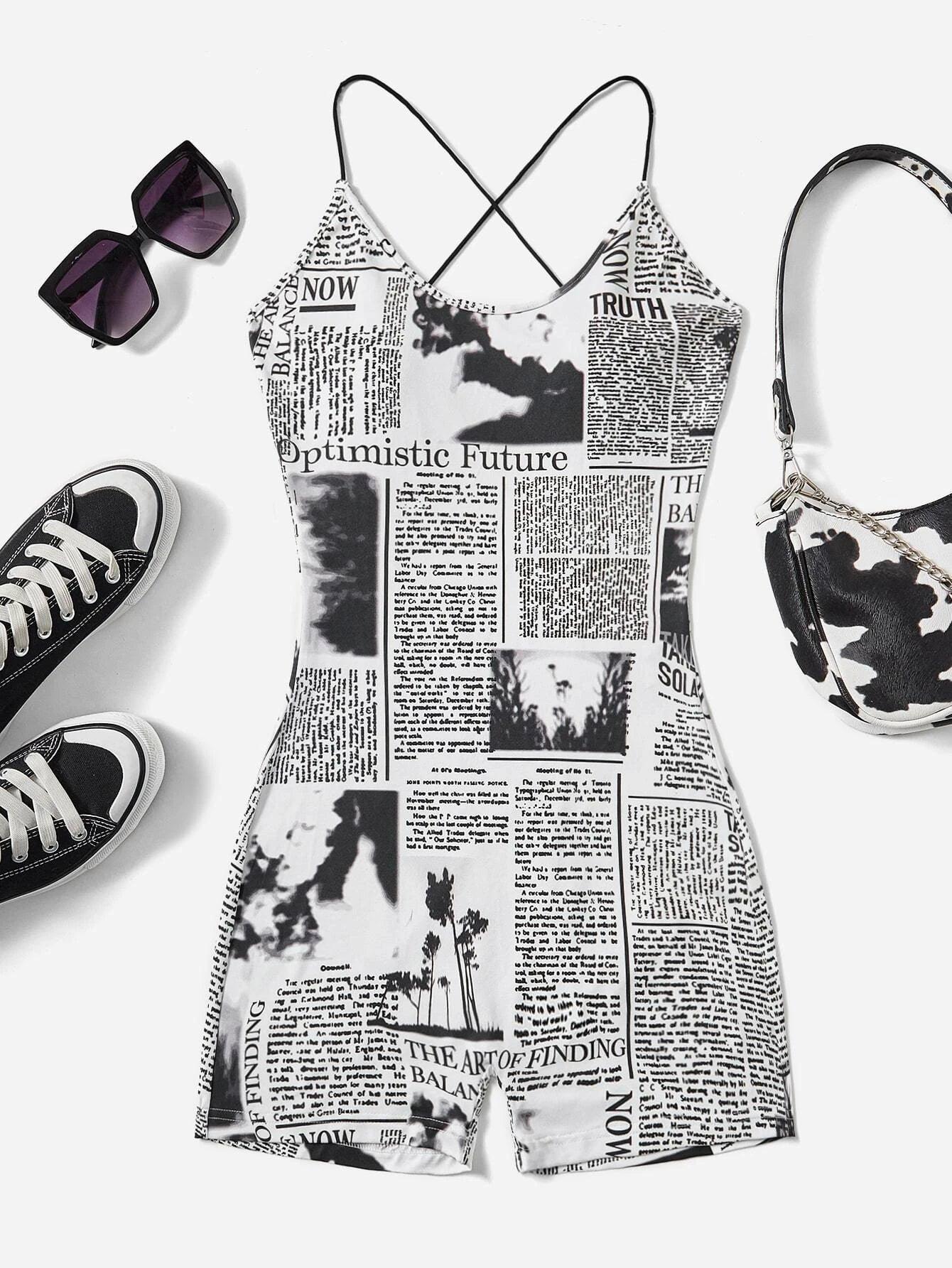 Newspaper Print Unitard Romper-Comfy Jumpsuits