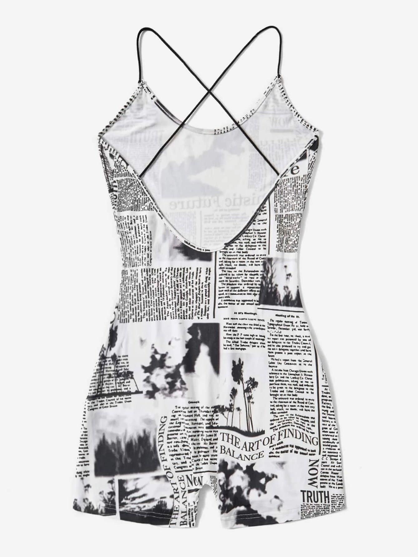 Newspaper Print Unitard Romper-Comfy Jumpsuits