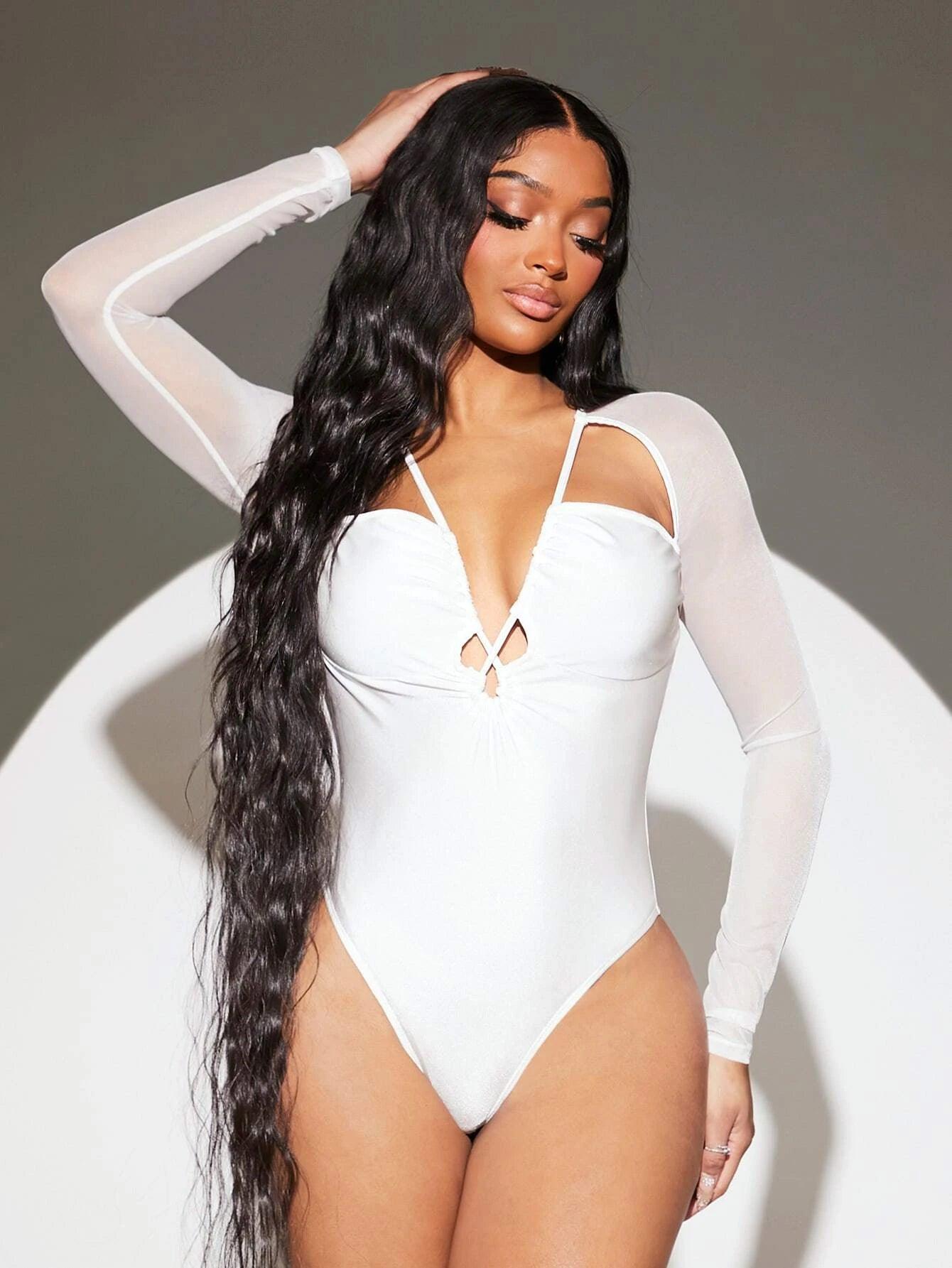 Deep V Neck Contrast Mesh Bodysuit-Comfy Jumpsuits