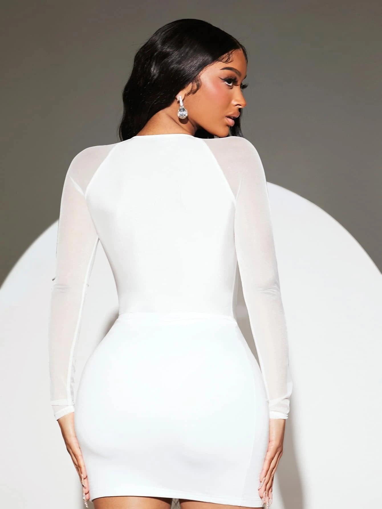 Deep V Neck Contrast Mesh Bodysuit-Comfy Jumpsuits