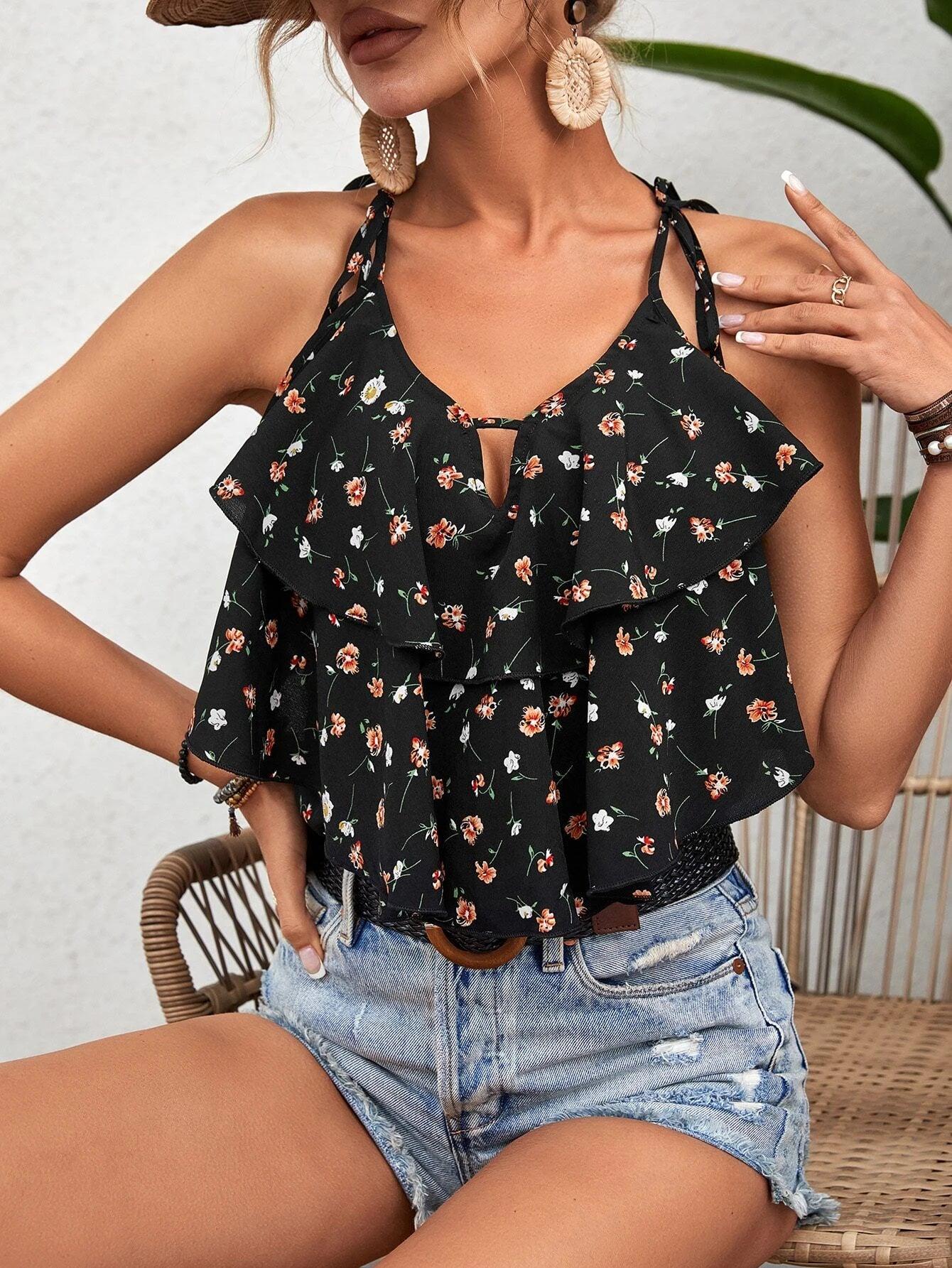 Floral Print Ruffle Trim Cami Bodysuit-Comfy Jumpsuits