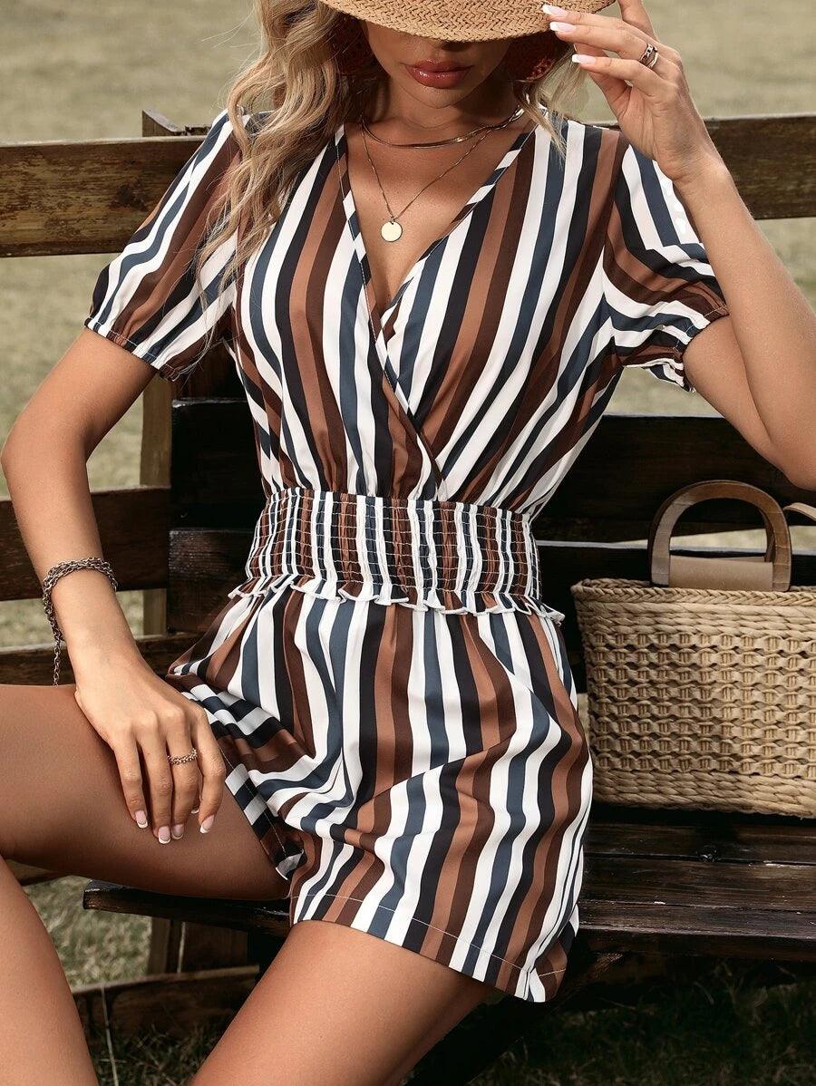 Striped Print Puff Sleeve Romper-Comfy Jumpsuits