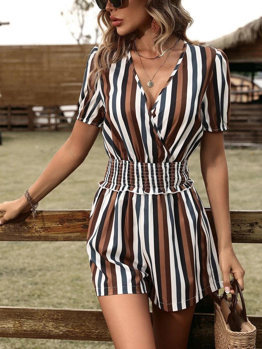 Striped Print Puff Sleeve Romper-Comfy Jumpsuits