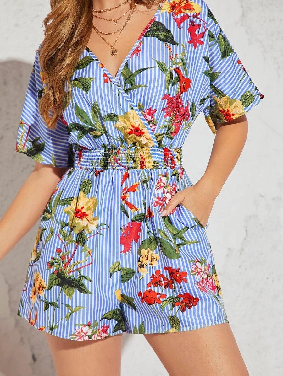Striped & Floral Print Slant Pocket Romper-Comfy Jumpsuits