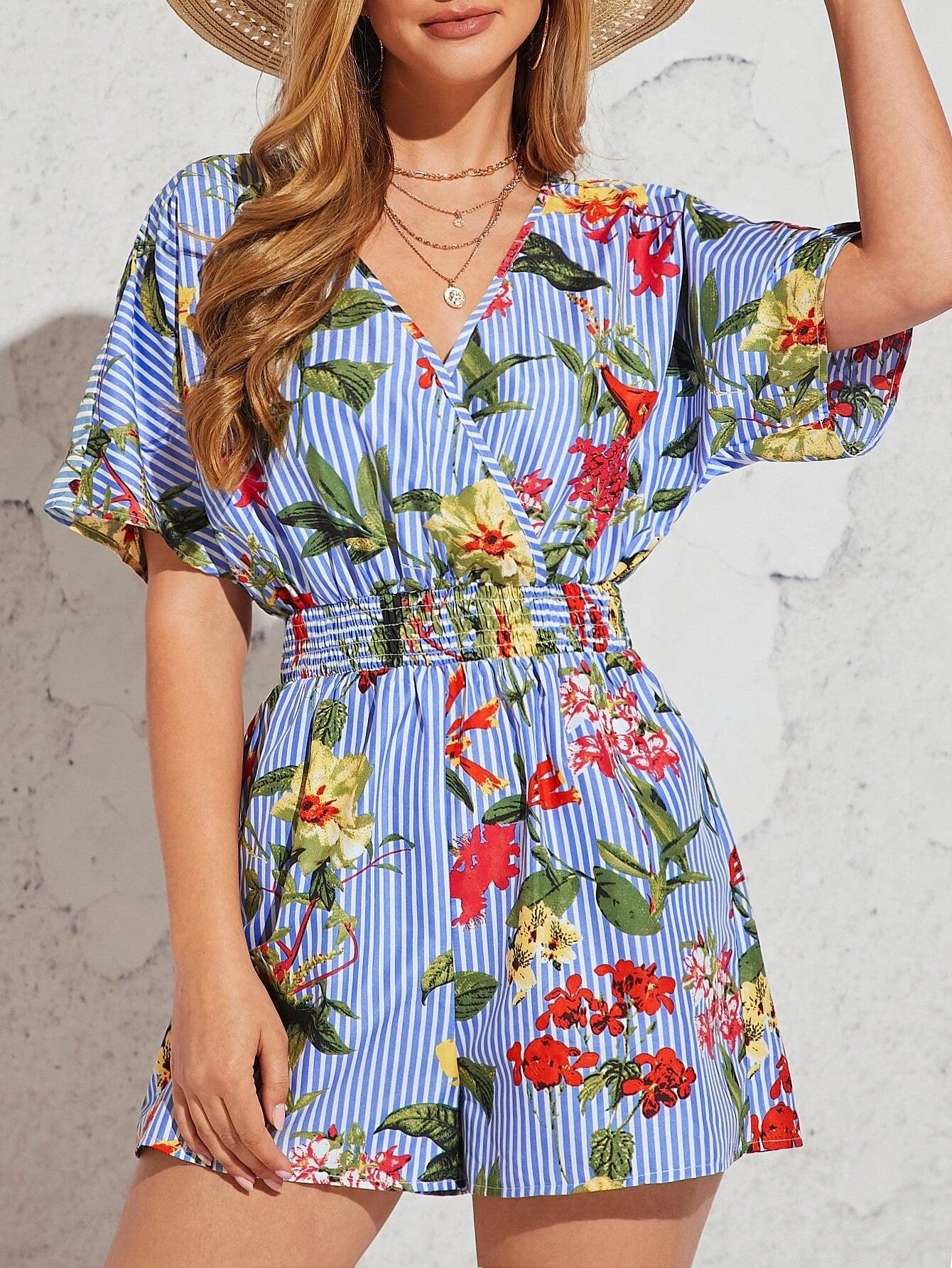 Striped & Floral Print Slant Pocket Romper-Comfy Jumpsuits