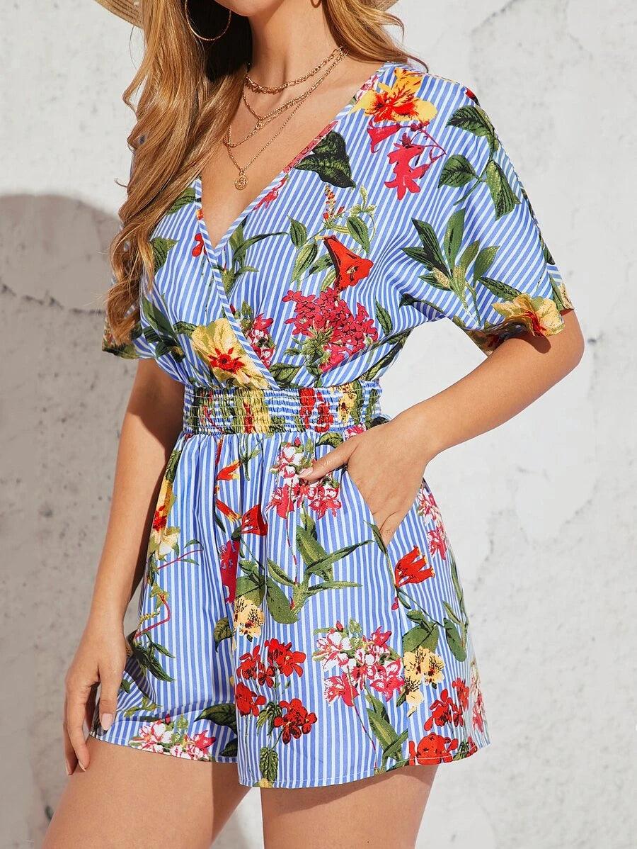 Striped & Floral Print Slant Pocket Romper-Comfy Jumpsuits
