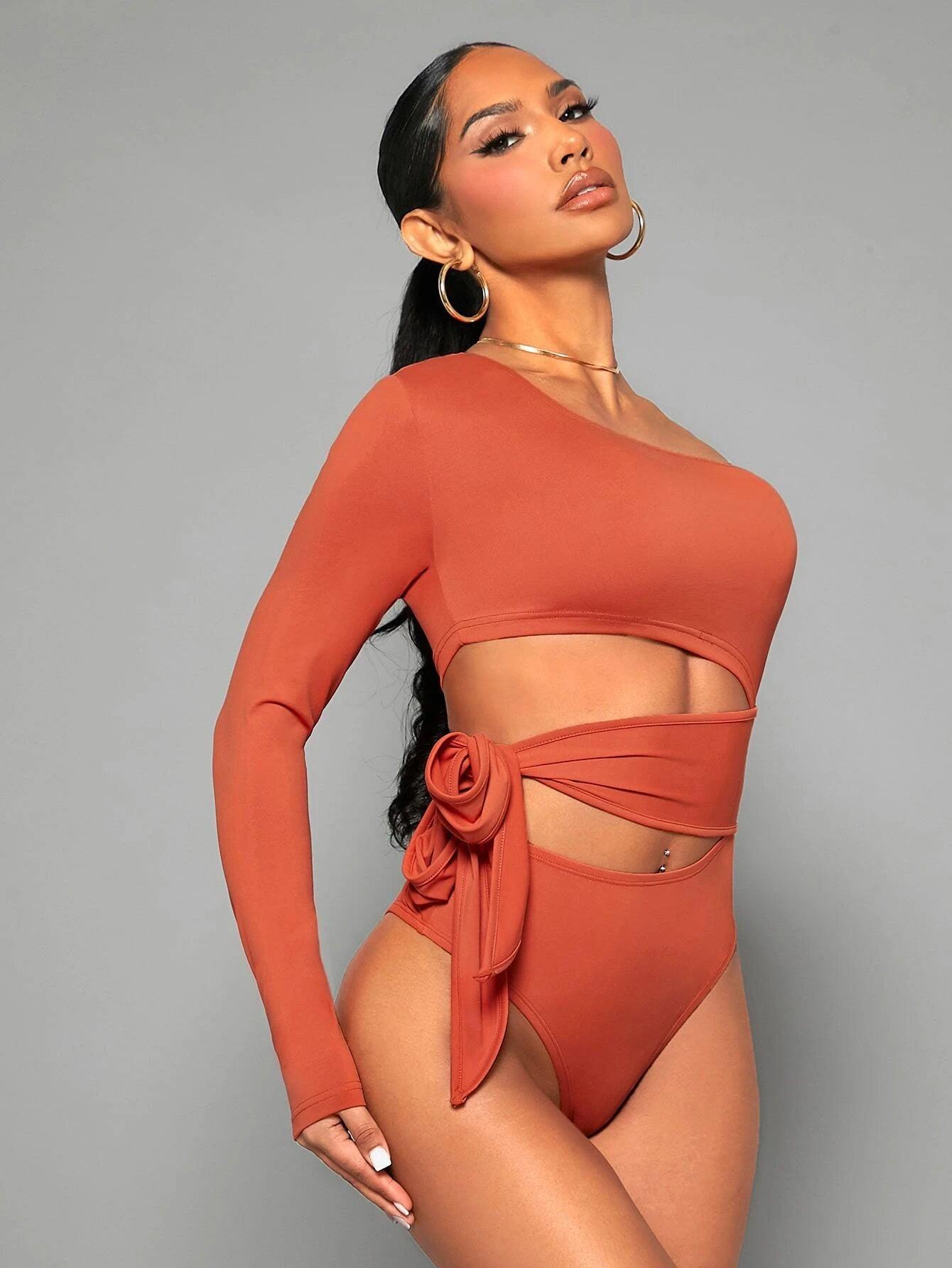 One Shoulder Side Knot Bodysuit-Comfy Jumpsuits