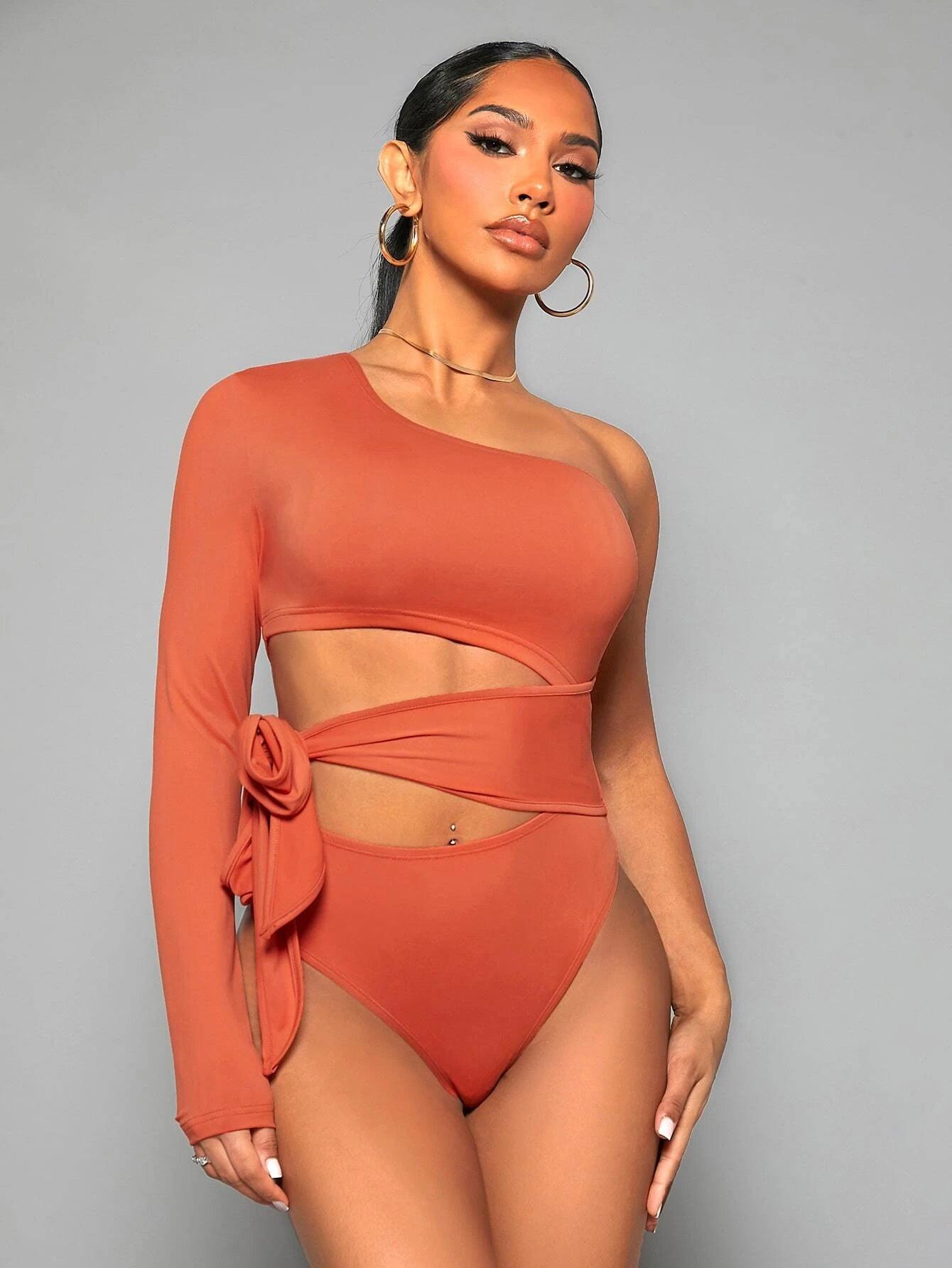 One Shoulder Side Knot Bodysuit-Comfy Jumpsuits