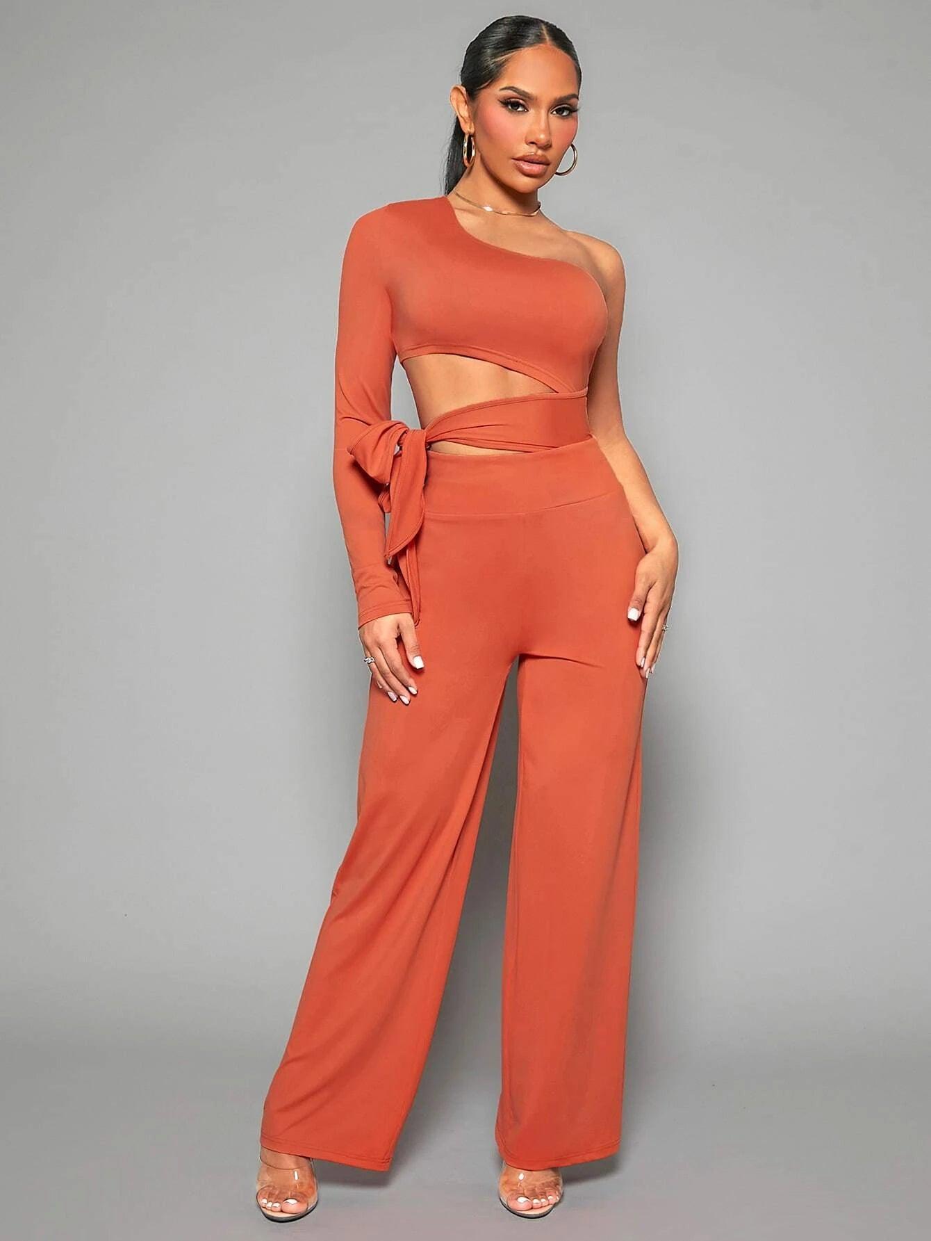 One Shoulder Side Knot Bodysuit-Comfy Jumpsuits
