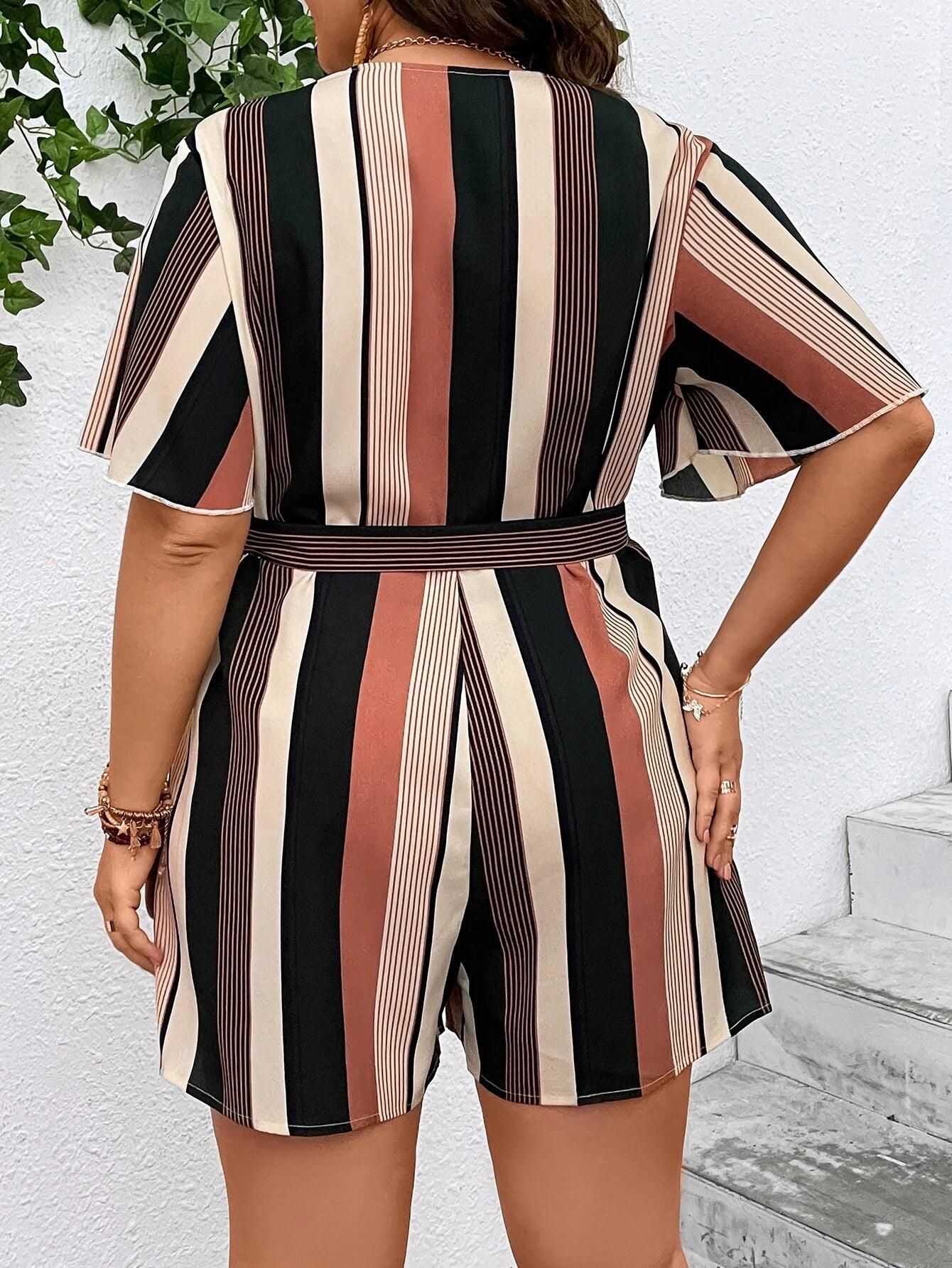 Plus Striped Print Belted Romper-Comfy Jumpsuits