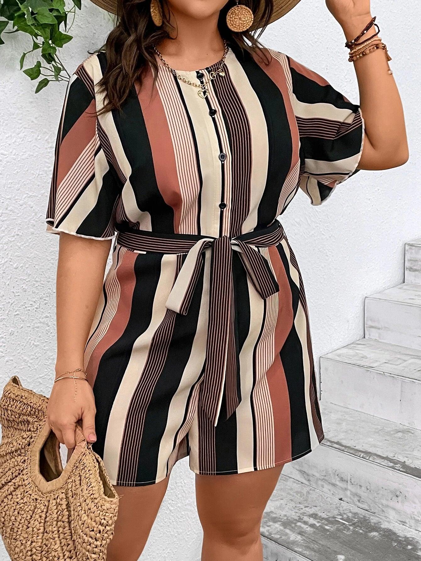 Plus Striped Print Belted Romper-Comfy Jumpsuits