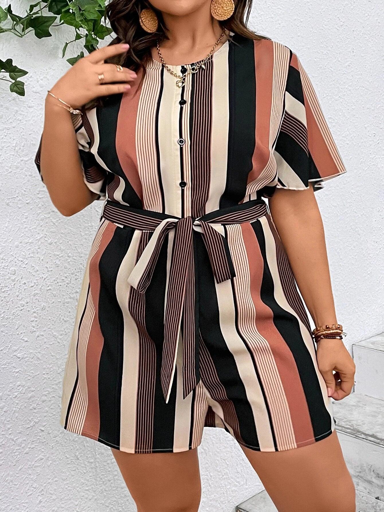 Plus Striped Print Belted Romper-Comfy Jumpsuits
