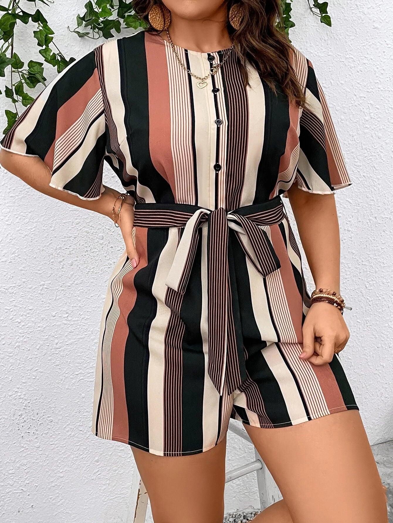 Plus Striped Print Belted Romper-Comfy Jumpsuits