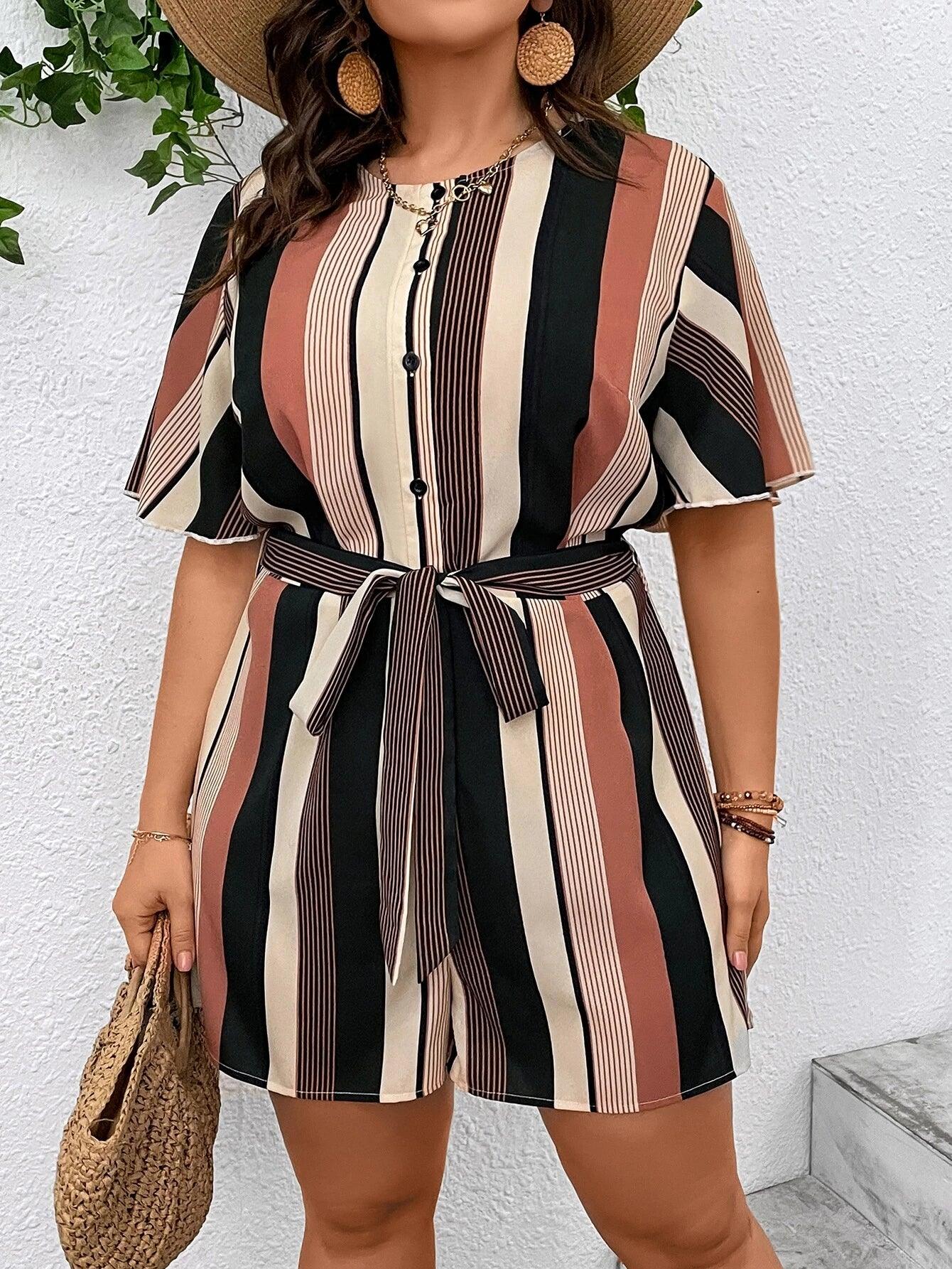 Plus Striped Print Belted Romper-Comfy Jumpsuits