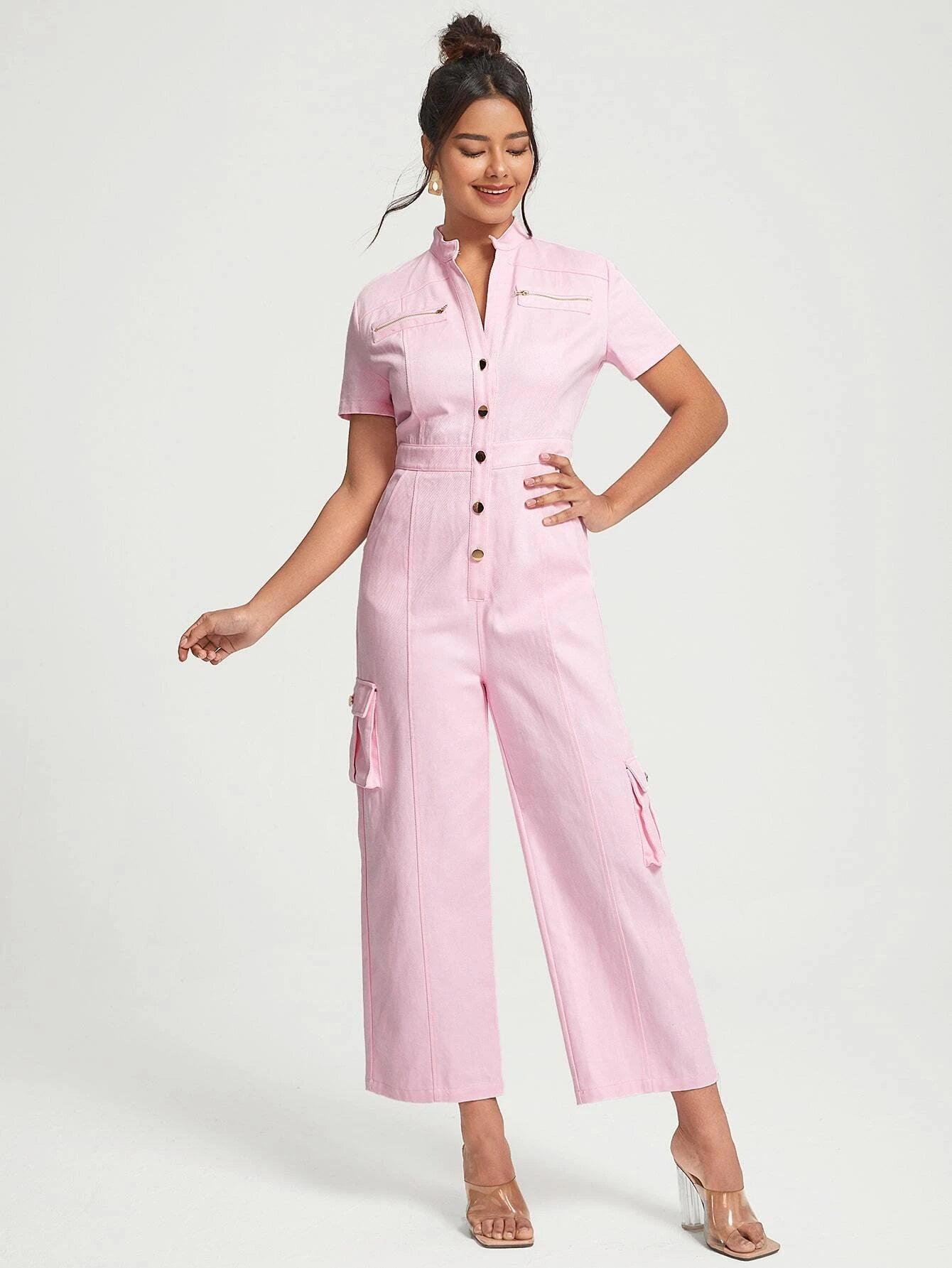 Flap Pocket Button Front Shirt Jumpsuit-Comfy Jumpsuits