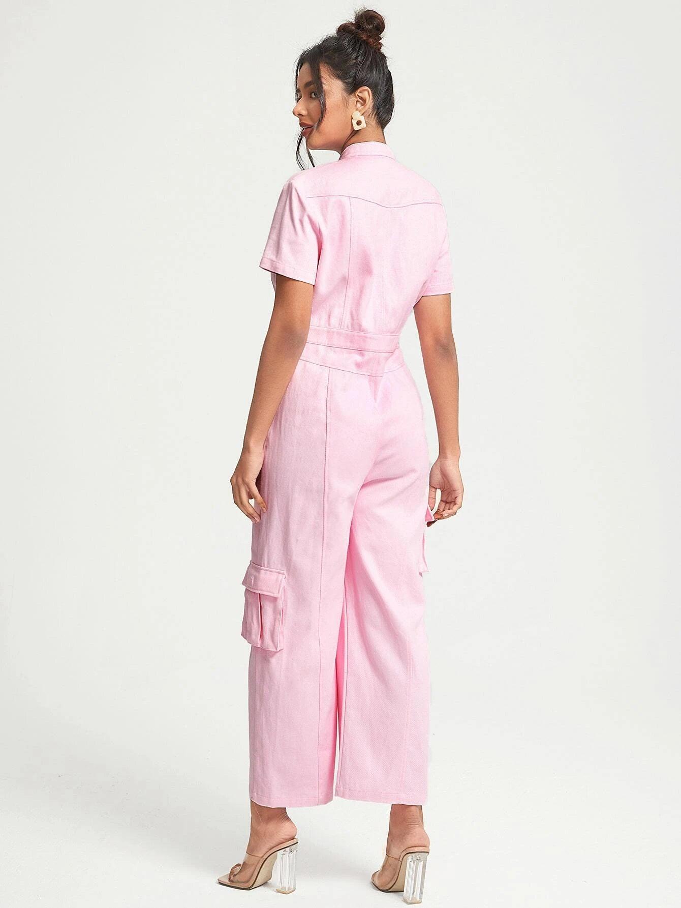 Flap Pocket Button Front Shirt Jumpsuit-Comfy Jumpsuits