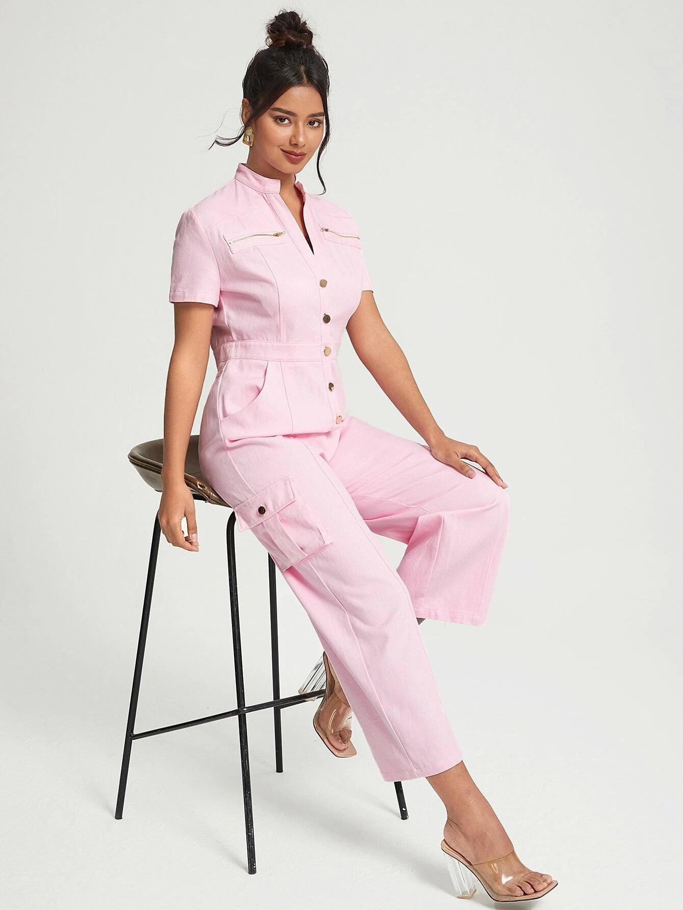 Flap Pocket Button Front Shirt Jumpsuit-Comfy Jumpsuits