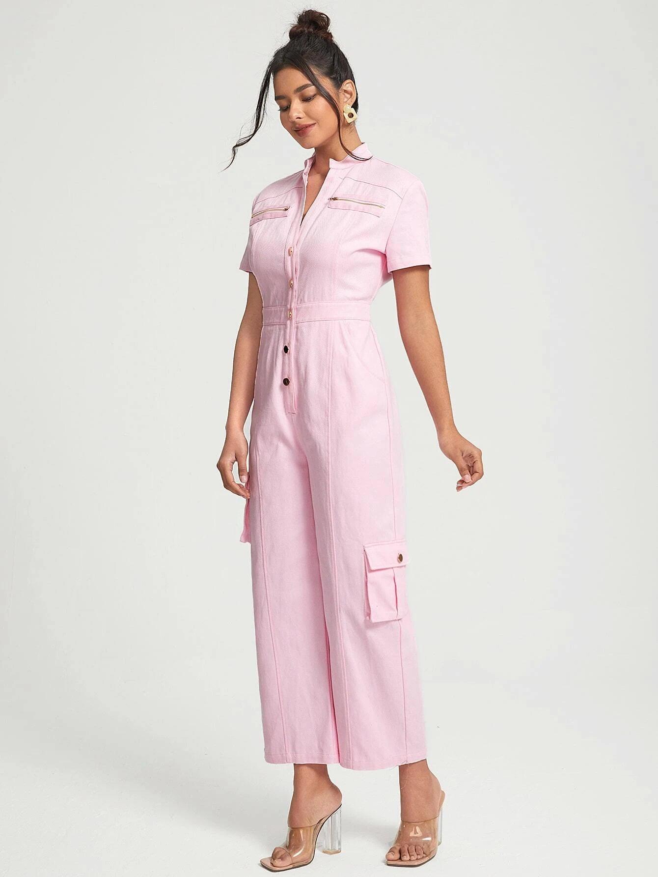 Flap Pocket Button Front Shirt Jumpsuit-Comfy Jumpsuits