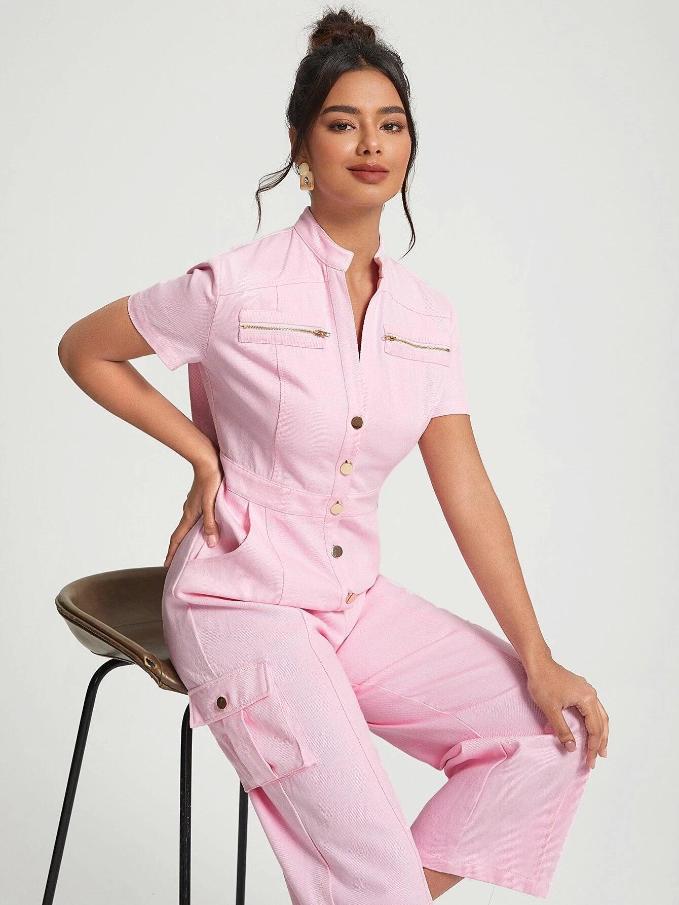 Flap Pocket Button Front Shirt Jumpsuit-Comfy Jumpsuits
