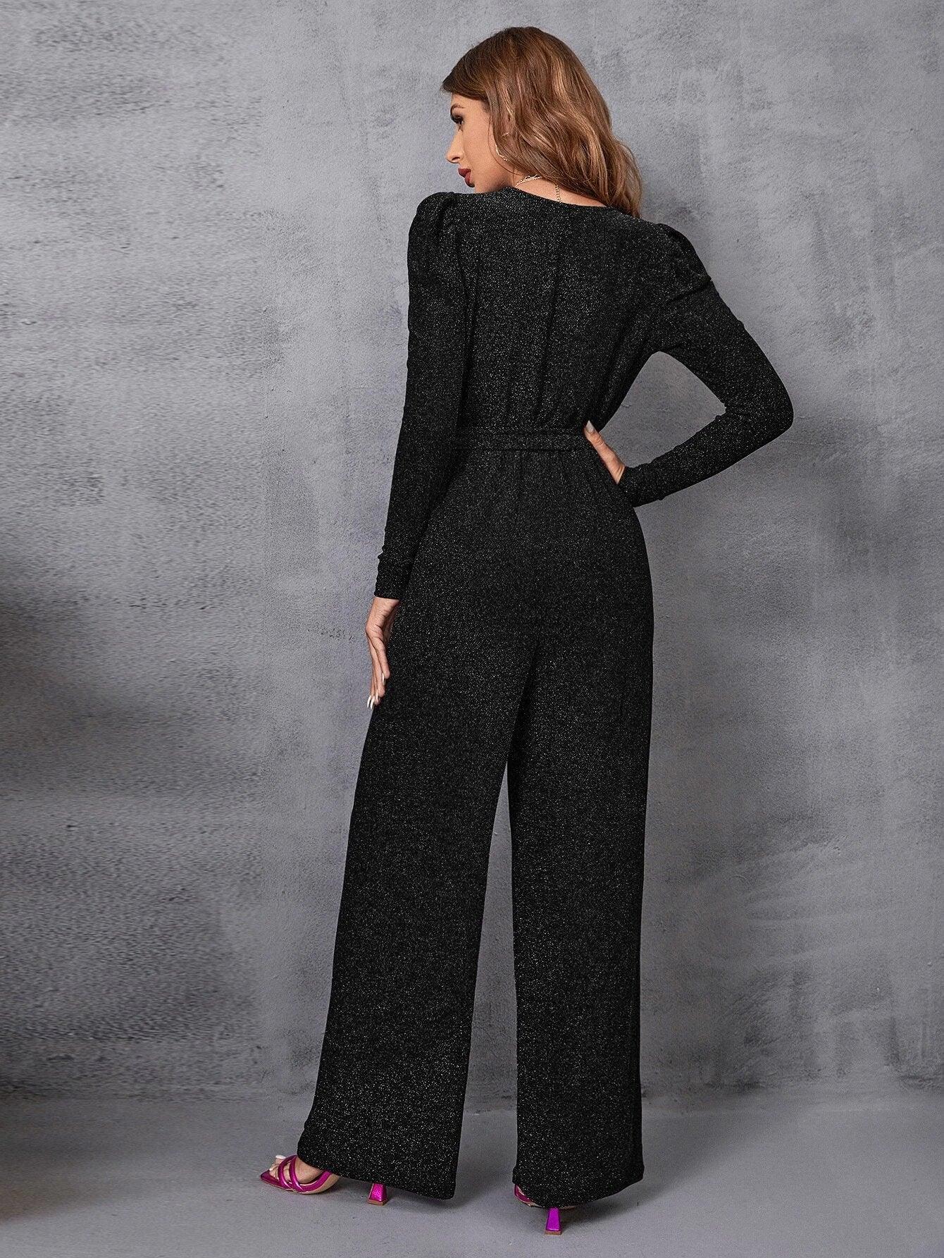 Surplice Neck Gigot Sleeve Belted Glitter Jumpsuit-Comfy Jumpsuits